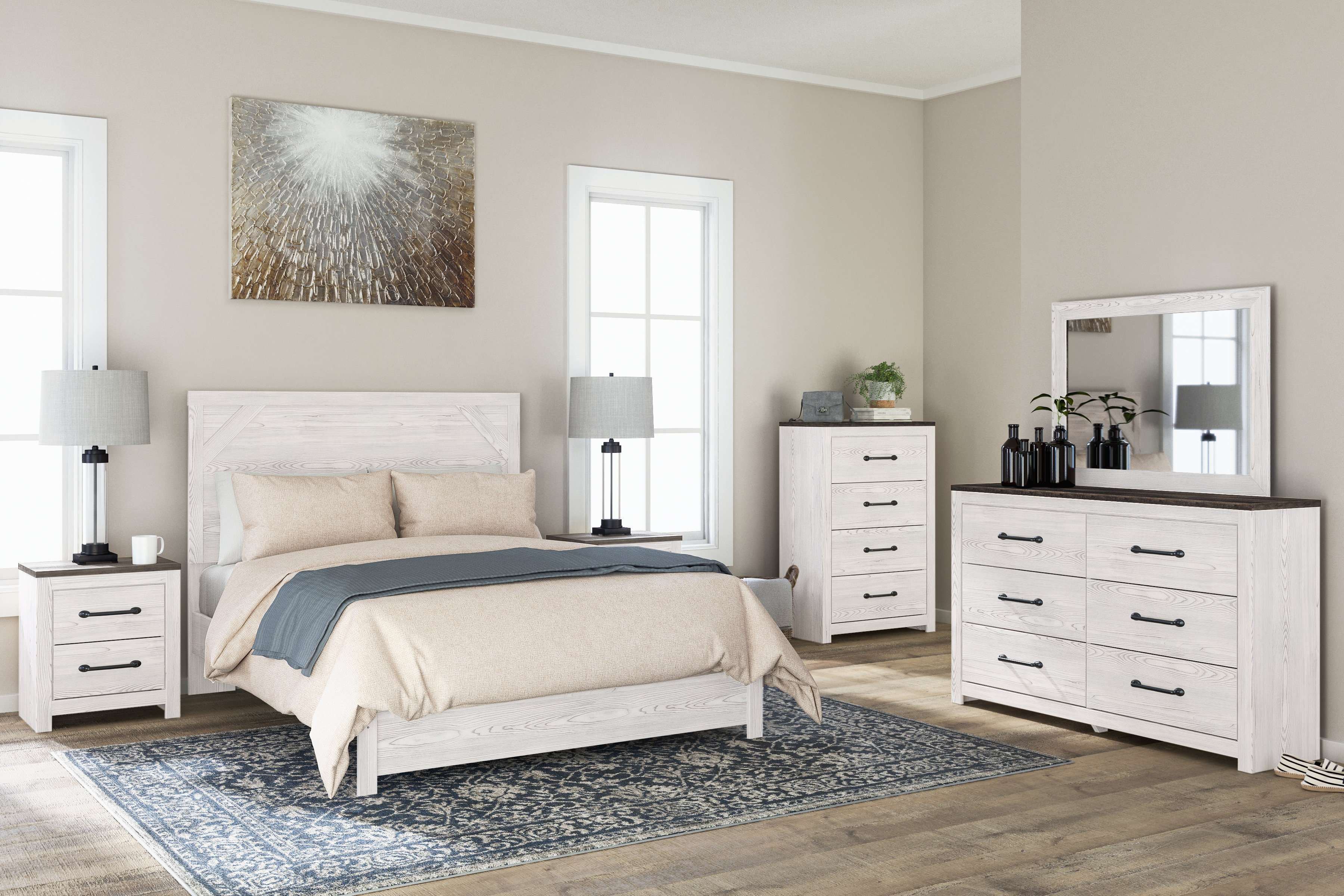 Gerridan - 7 Pc. - Dresser, Mirror, Chest, Queen Panel Bed, 2 Nightstands - White / Gray