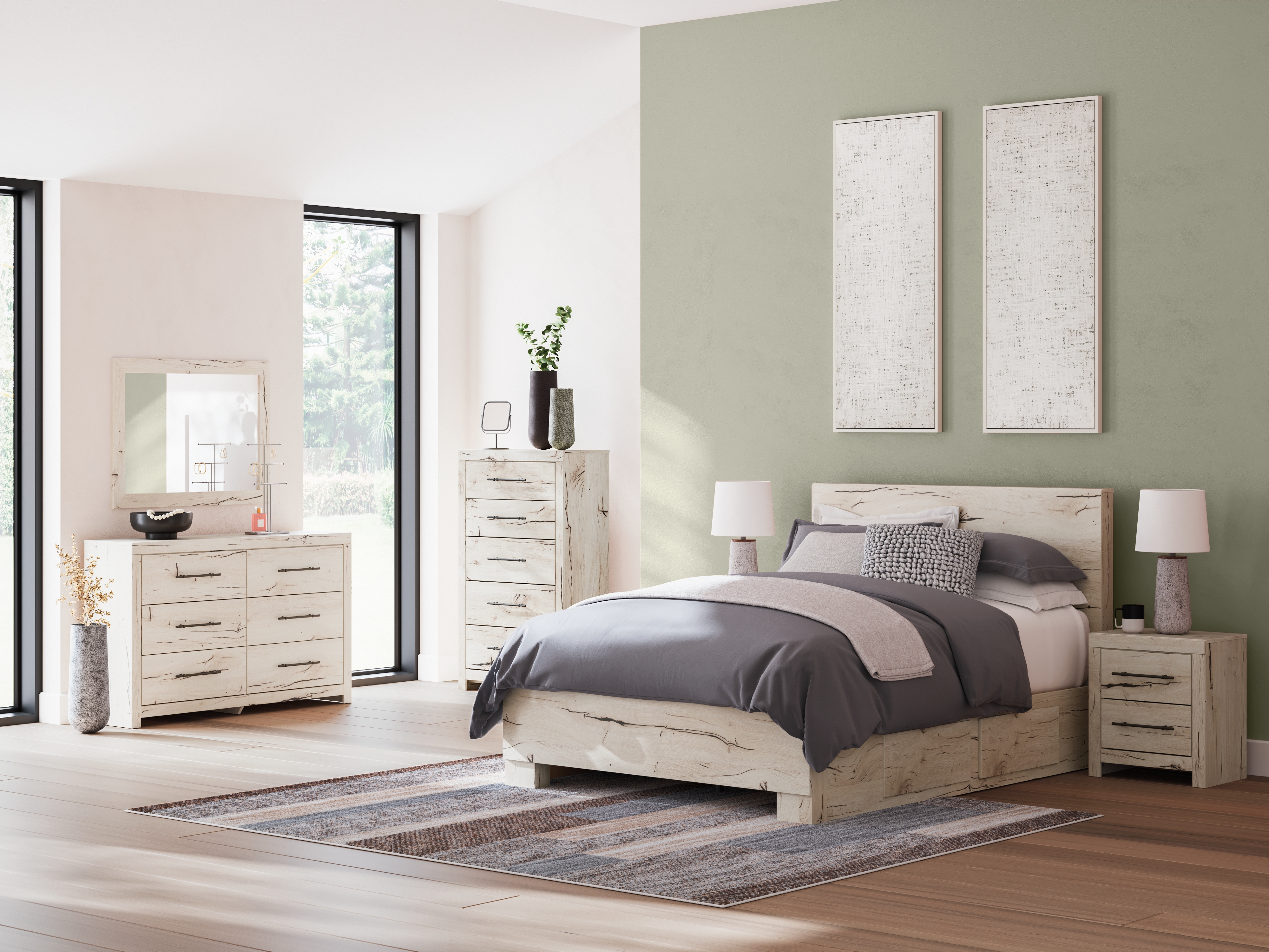 Lawroy - 7 Pc. - Dresser, Mirror, Queen Panel Bed With 2 Under Bed Storage Units - Light Natural