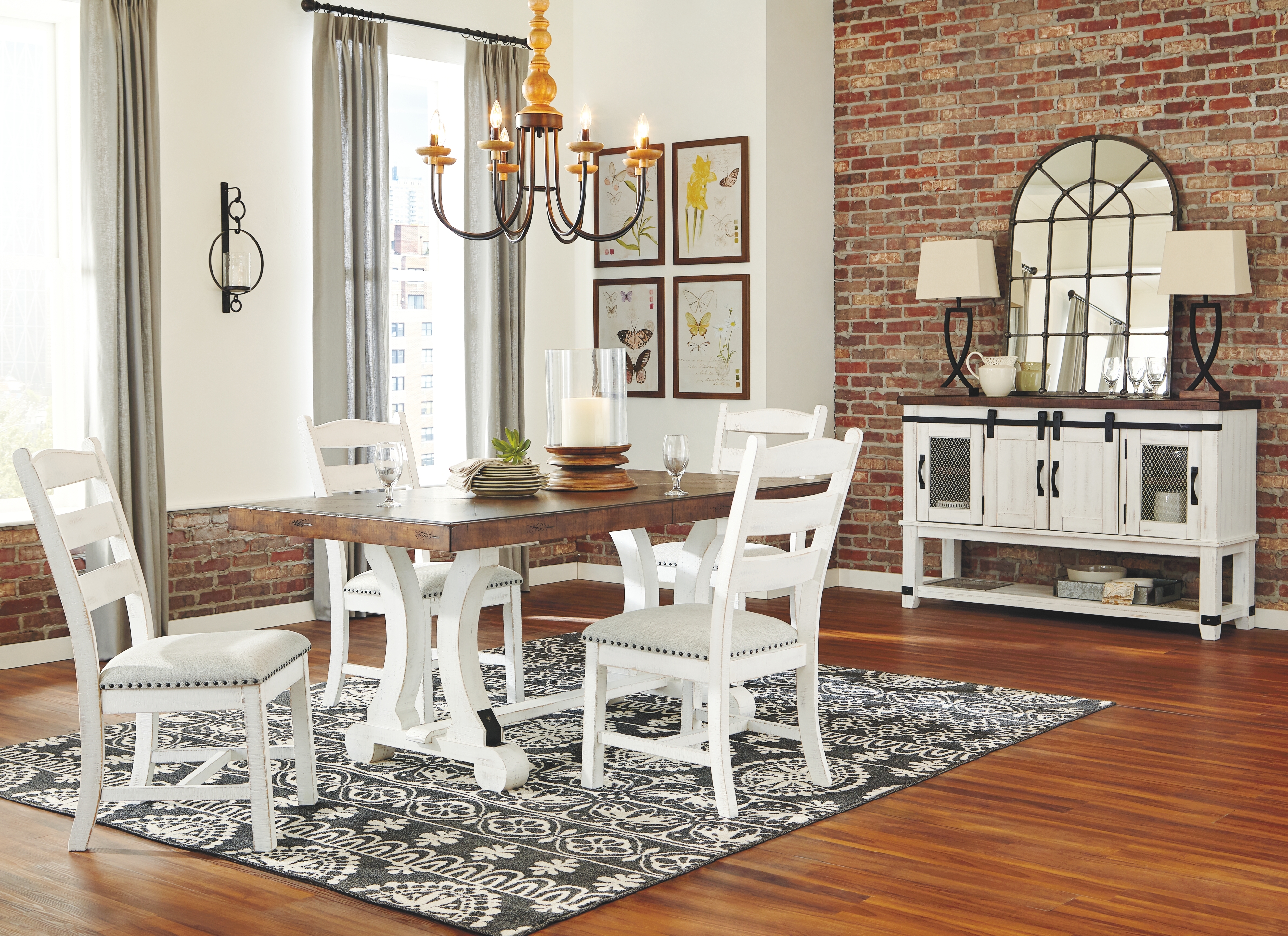 Valebeck - 6 Pc. - Dining Room Table, 4 Side Chairs, Server - White / Brown