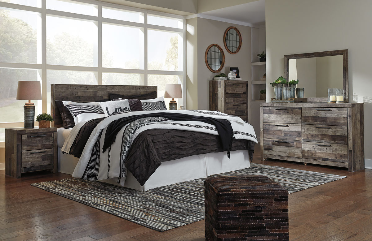 Derekson - 6 Pc. - King Panel Headboard with Bolt on Bed Frame, Dresser, Mirror, Chest, Nightstand - Multi Gray