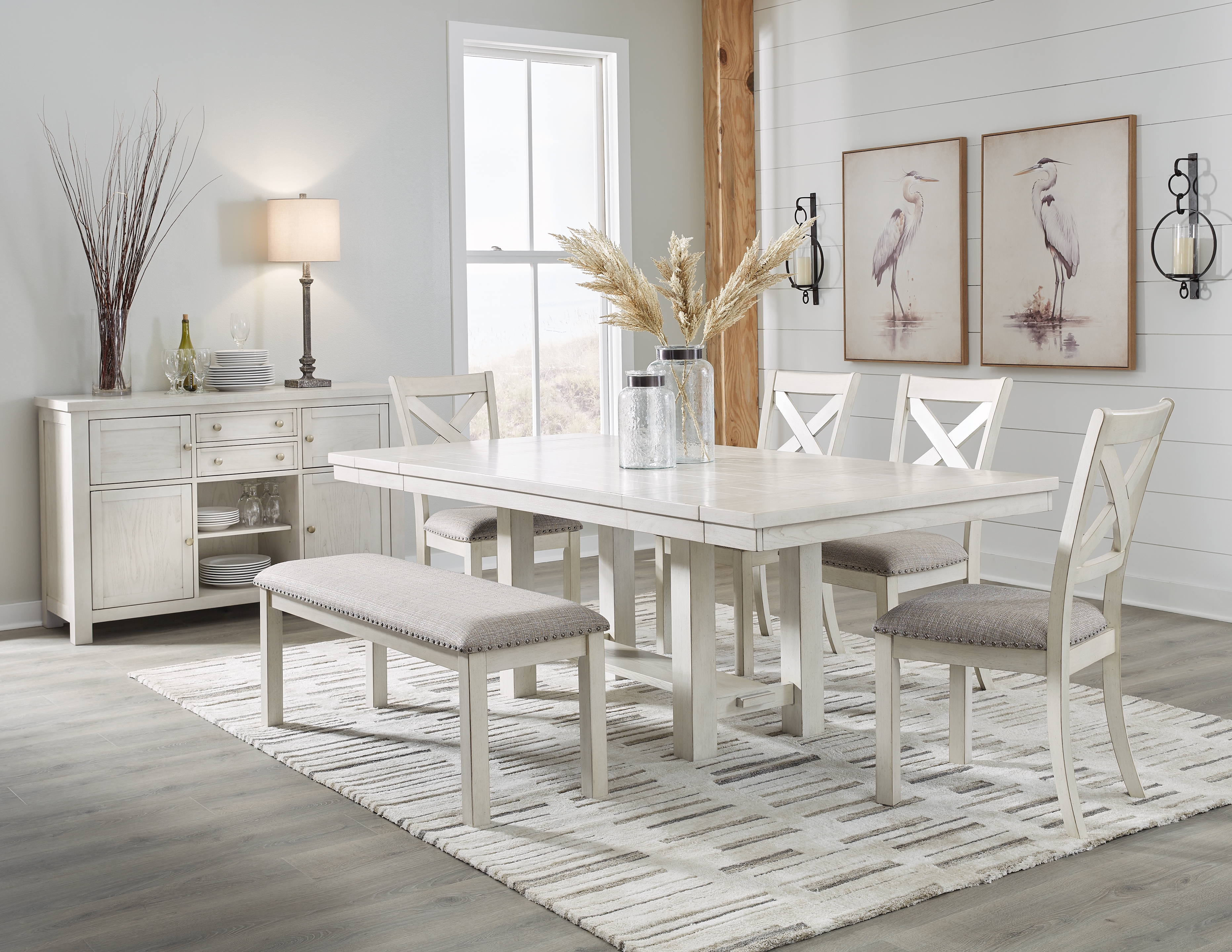 Robbinsdale - 7 Pc. - Rectangular Dining Room Extension Table, 4 Upholstered Side Chairs, Bench, Server - Antique White