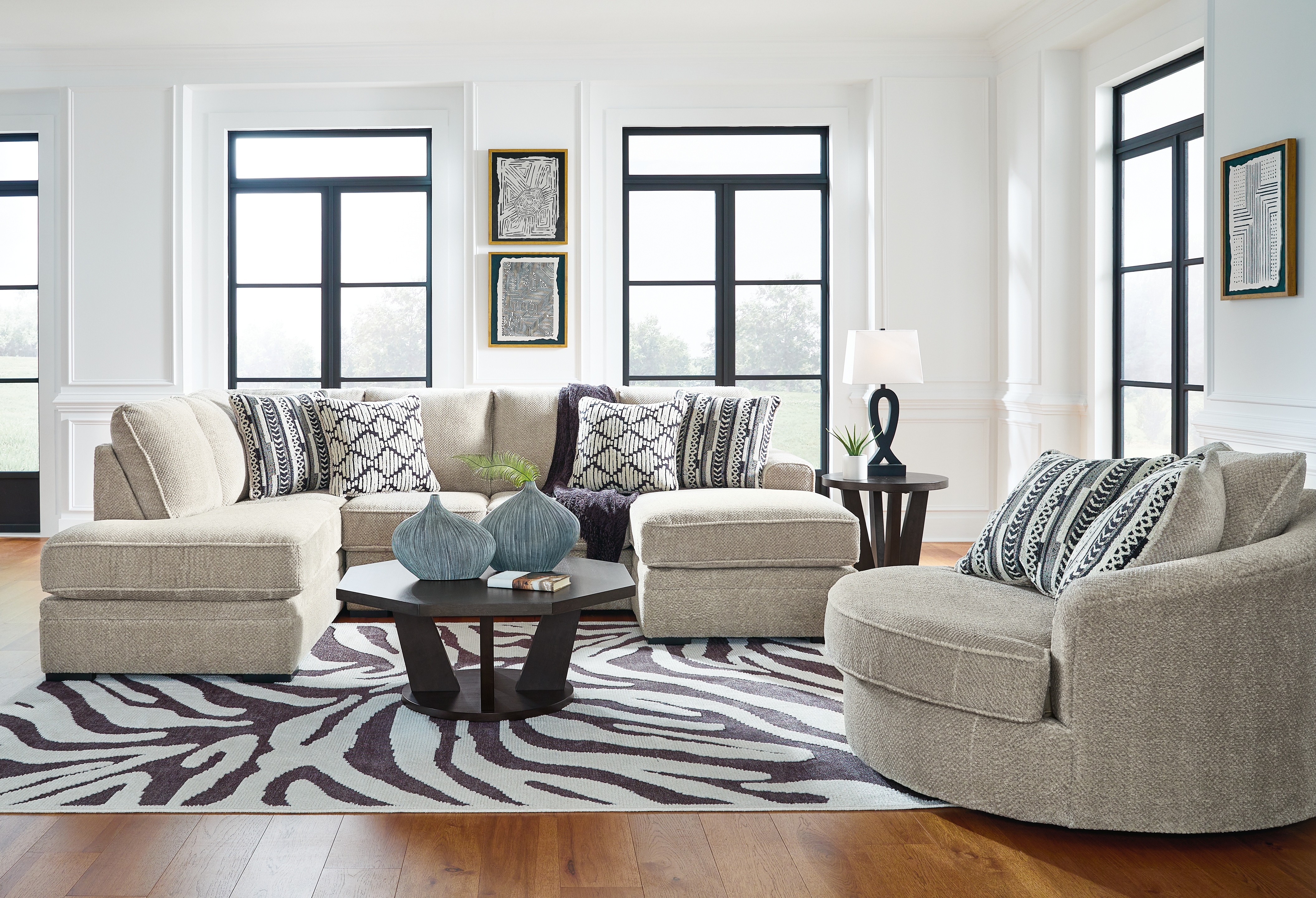 Calnita - 3 Pc. - 2-Piece Sectional With Laf Corner Chaise, Oversized Swivel Accent Chair - Sisal