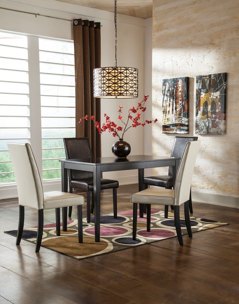 Kimonte - 5 Pc. - Dining Room Table, 2 Beige Side Chairs, 2 Brown Side Chairs - Dark Brown