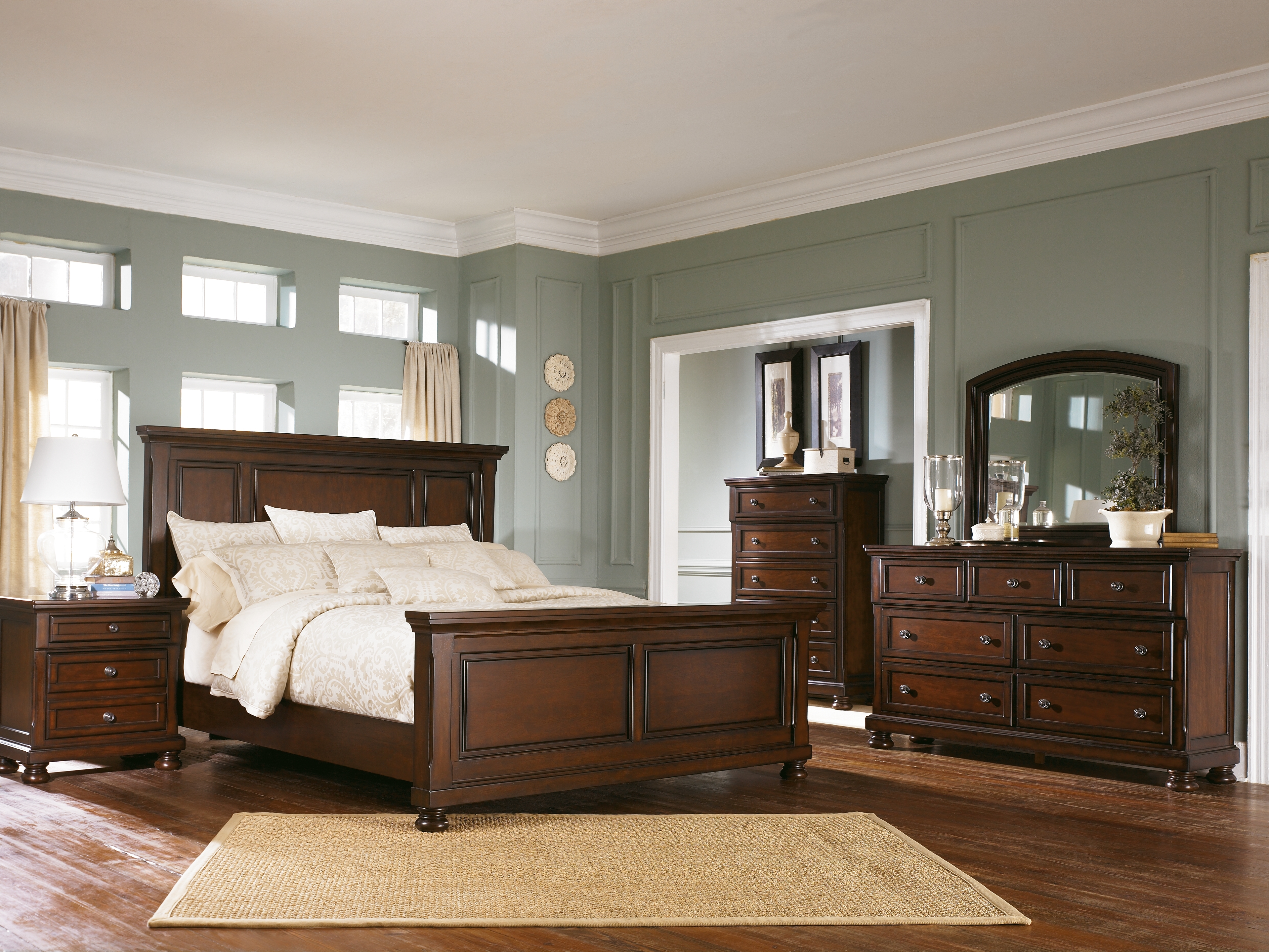 Porter - 7 Pc. - Dresser, Mirror, Chest, King Panel Bed, Nightstand - Rustic Brown