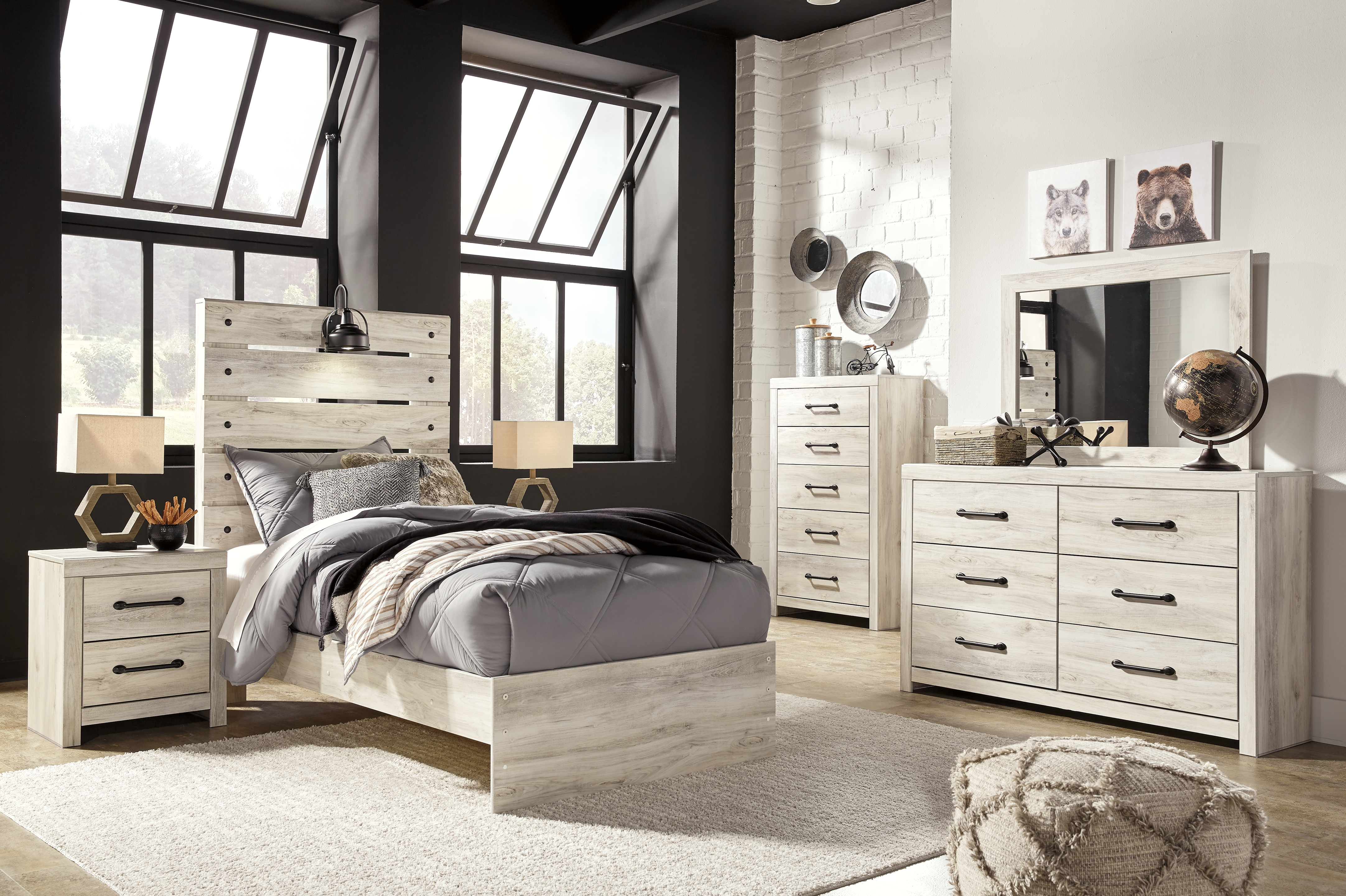 Cambeck - 7 Pc. - Dresser, Mirror, Twin Panel Bed, 2 Nightstands - Whitewash