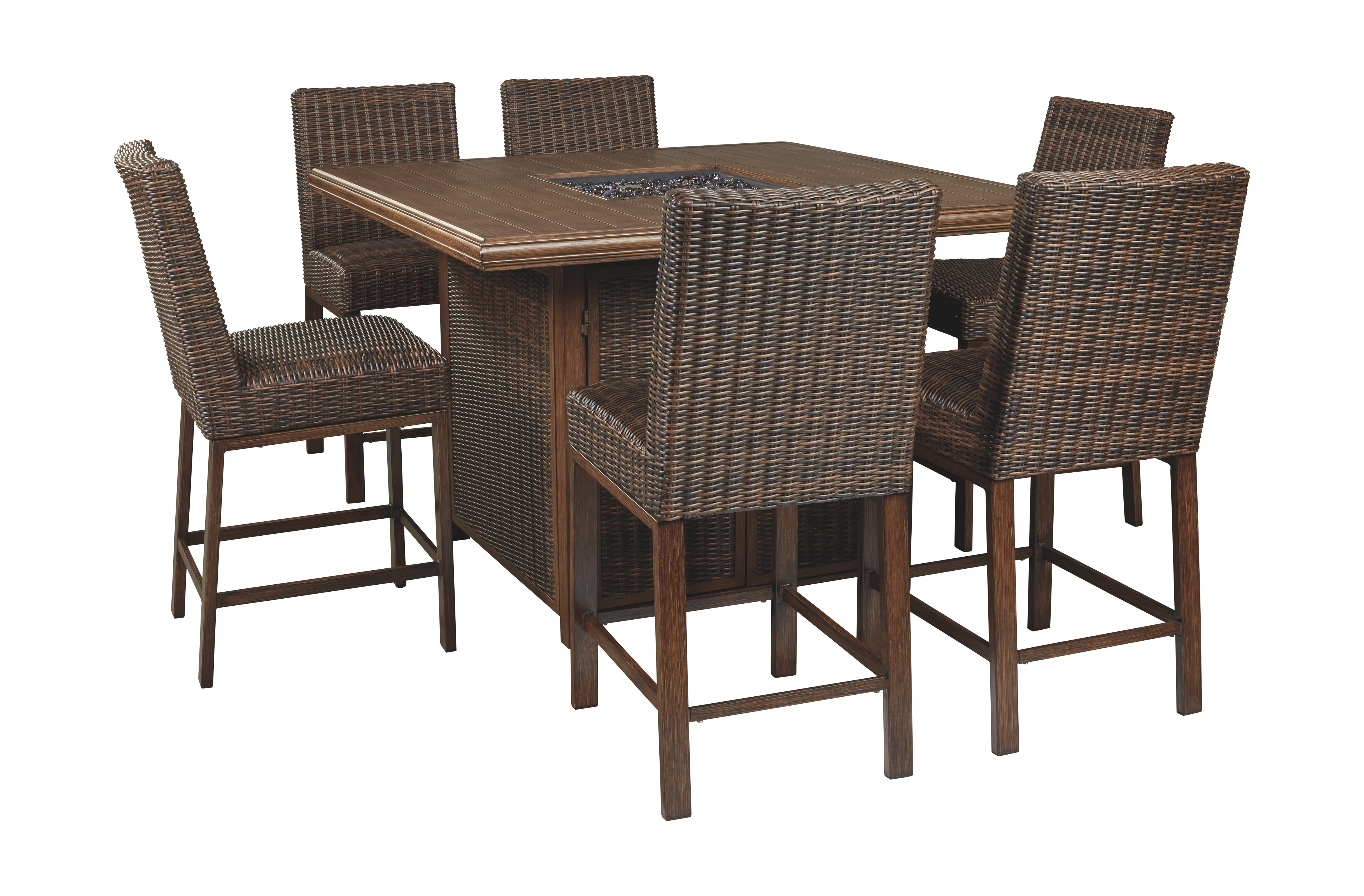 Paradise Trail - 7 Pc. - Fire Pit Table, 6 Barstools - Medium Brown