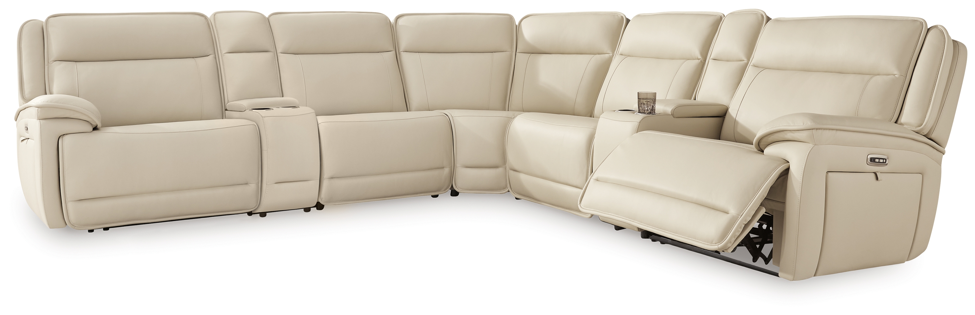 Double Deal - 7-Piece Power Reclining Sectional With 2 Consoles - Almond