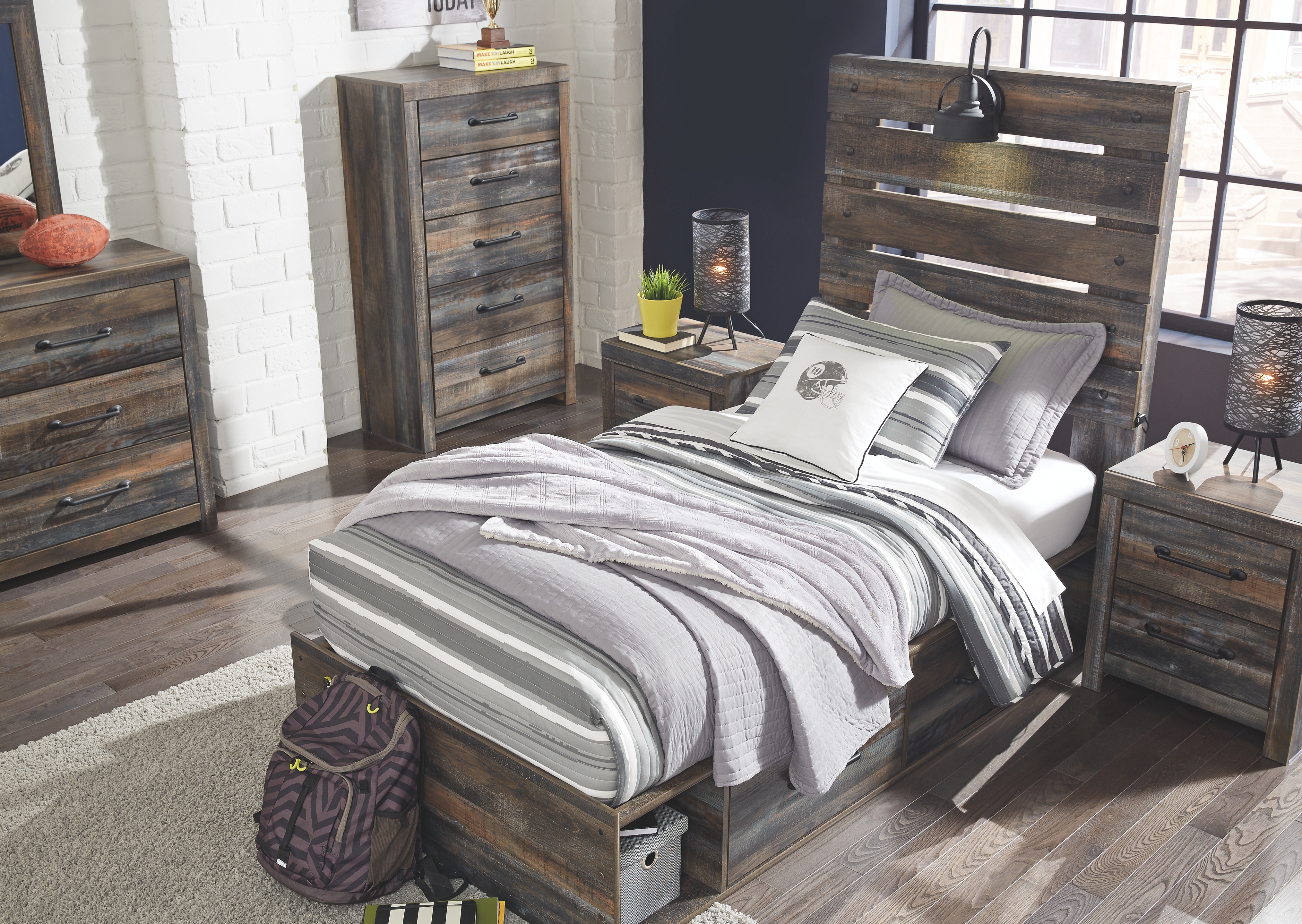 Drystan - 6 Pc. - Dresser, Mirror, Twin Panel Bed with 2 Side Drawers - Brown / Beige