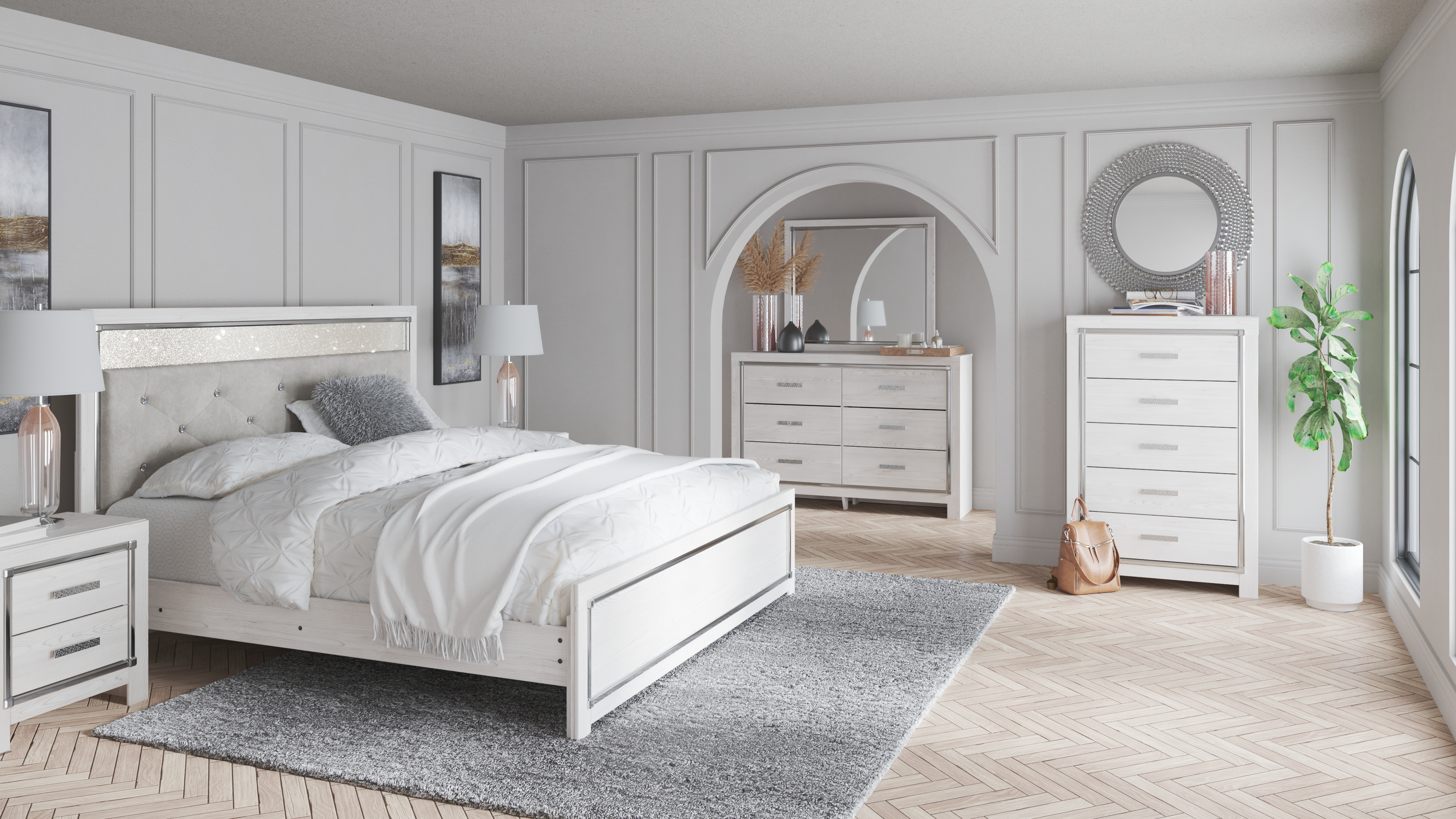 Altyra - 6 Pc. - Dresser, Mirror, Chest, King Panel Bed - White