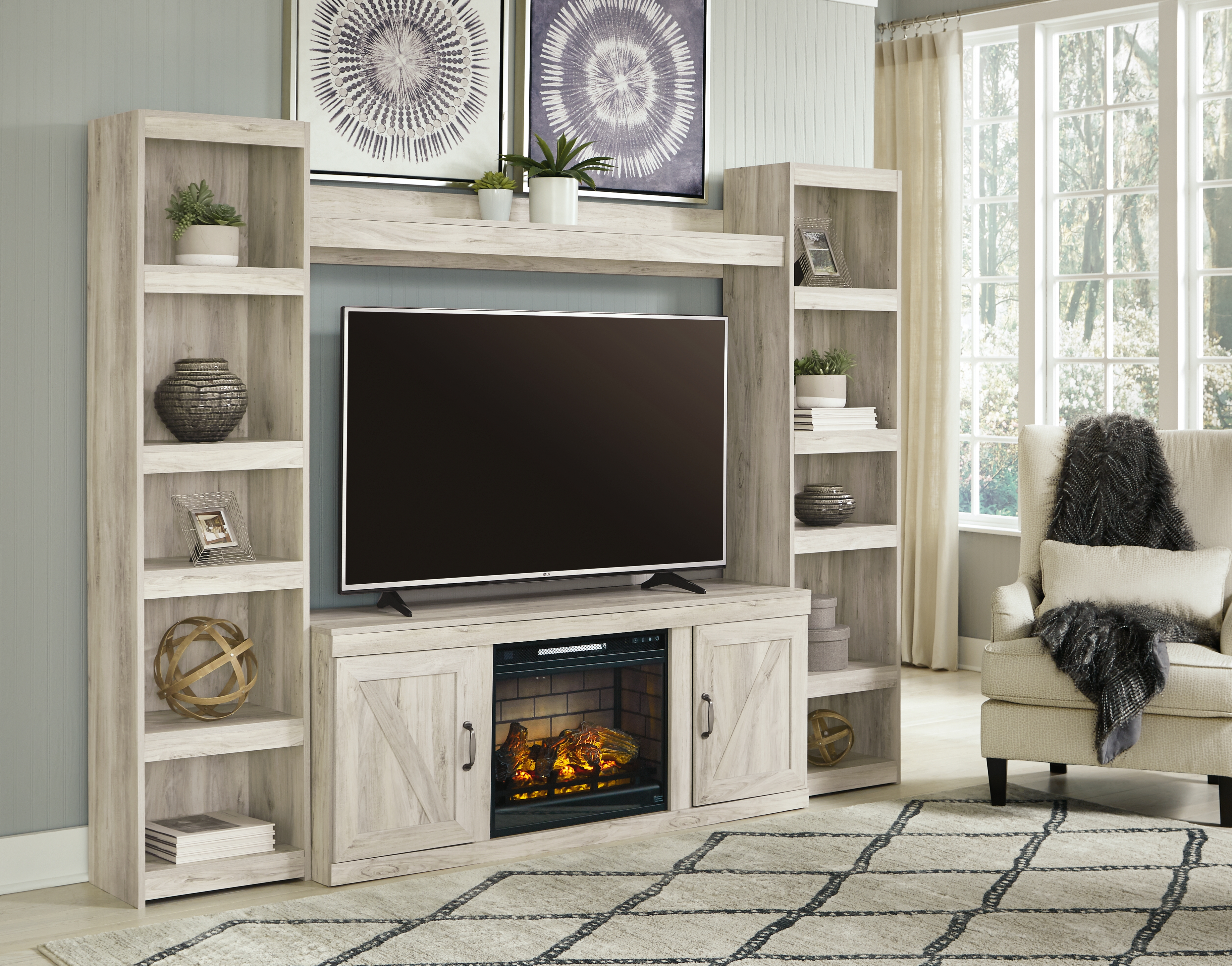 Bellaby - 5-Piece Entertainment Center With Electric Fireplace - Whitewash