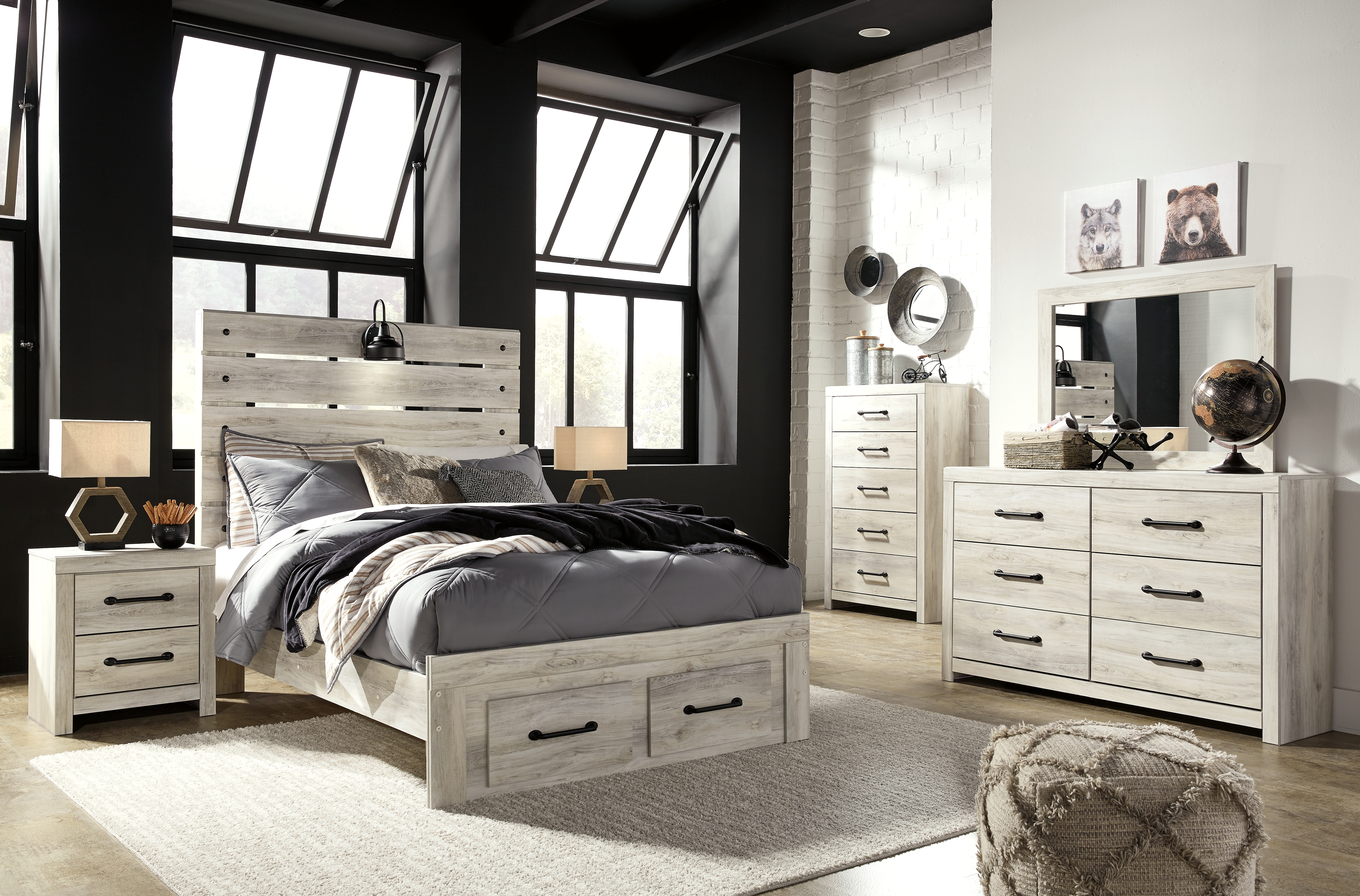 Cambeck - 7 Pc. - Dresser, Mirror, Full Panel Bed with 2 Storage Drawers, 2 Nightstands - Whitewash