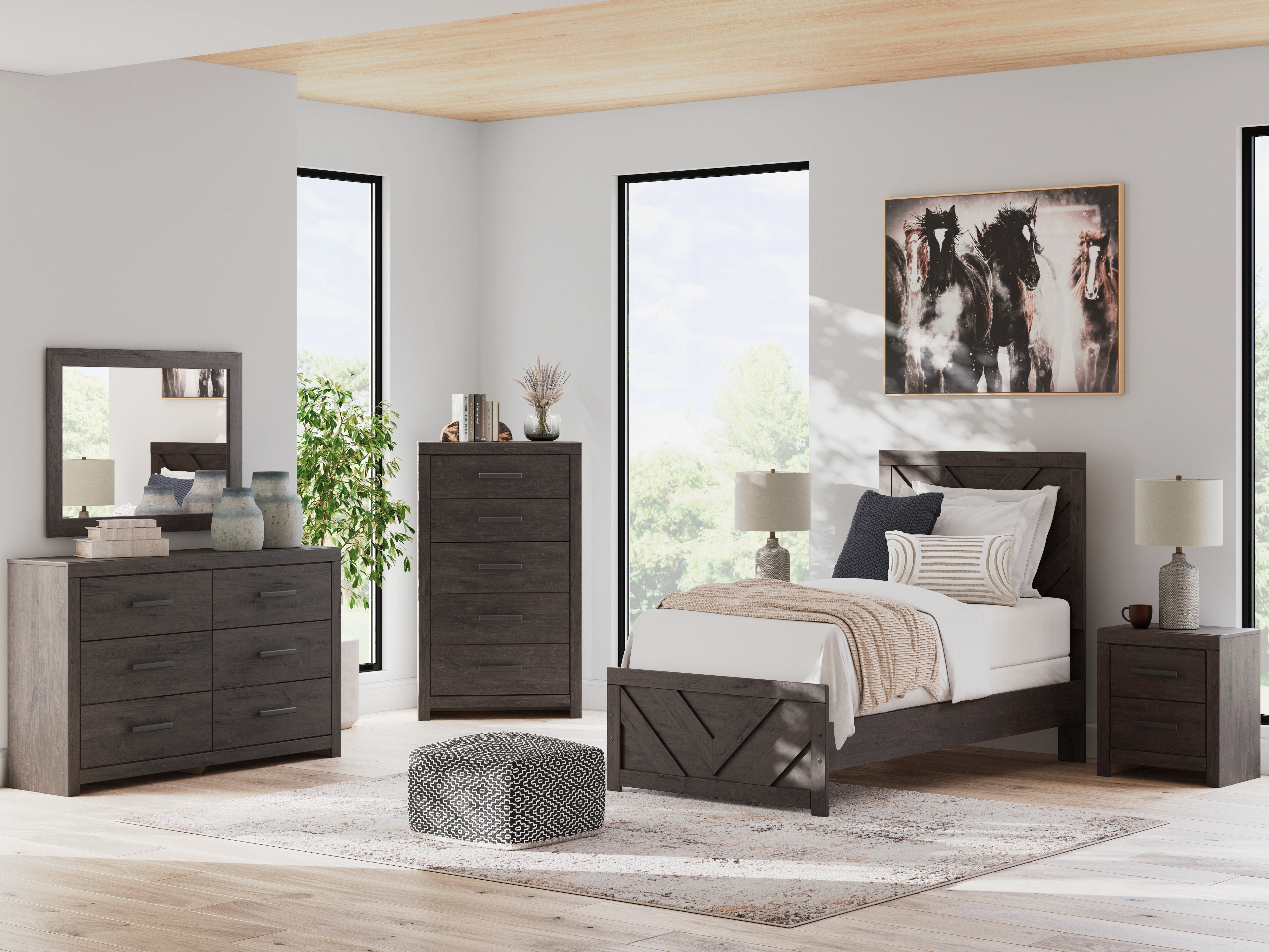 Prendonea - 7 Pc. - Dresser, Mirror, Chest, Twin Panel Bed, 2 Nightstands - Charcoal