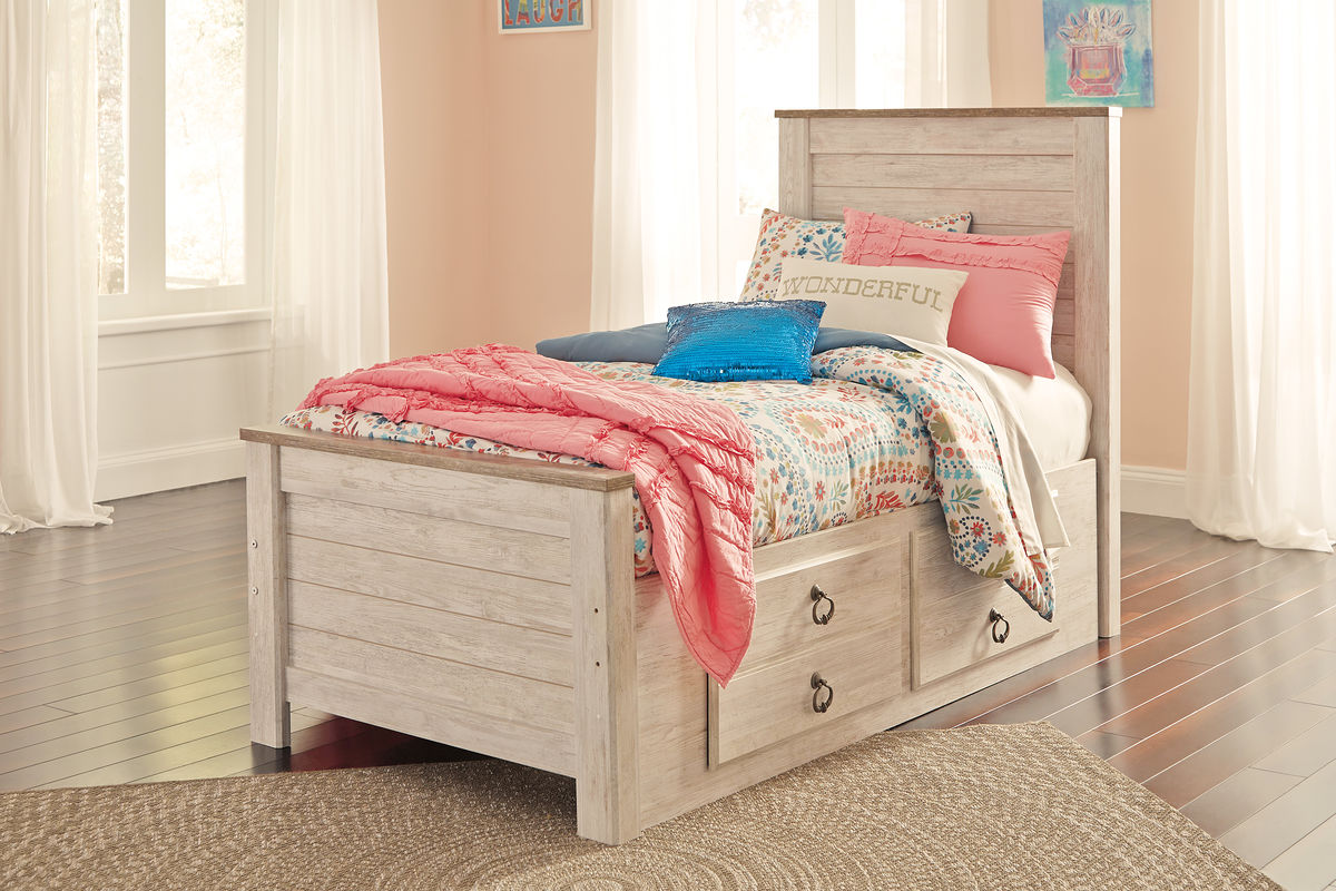 Willowton - Twin Panel Bed with 2 Storage Drawers - Whitewash
