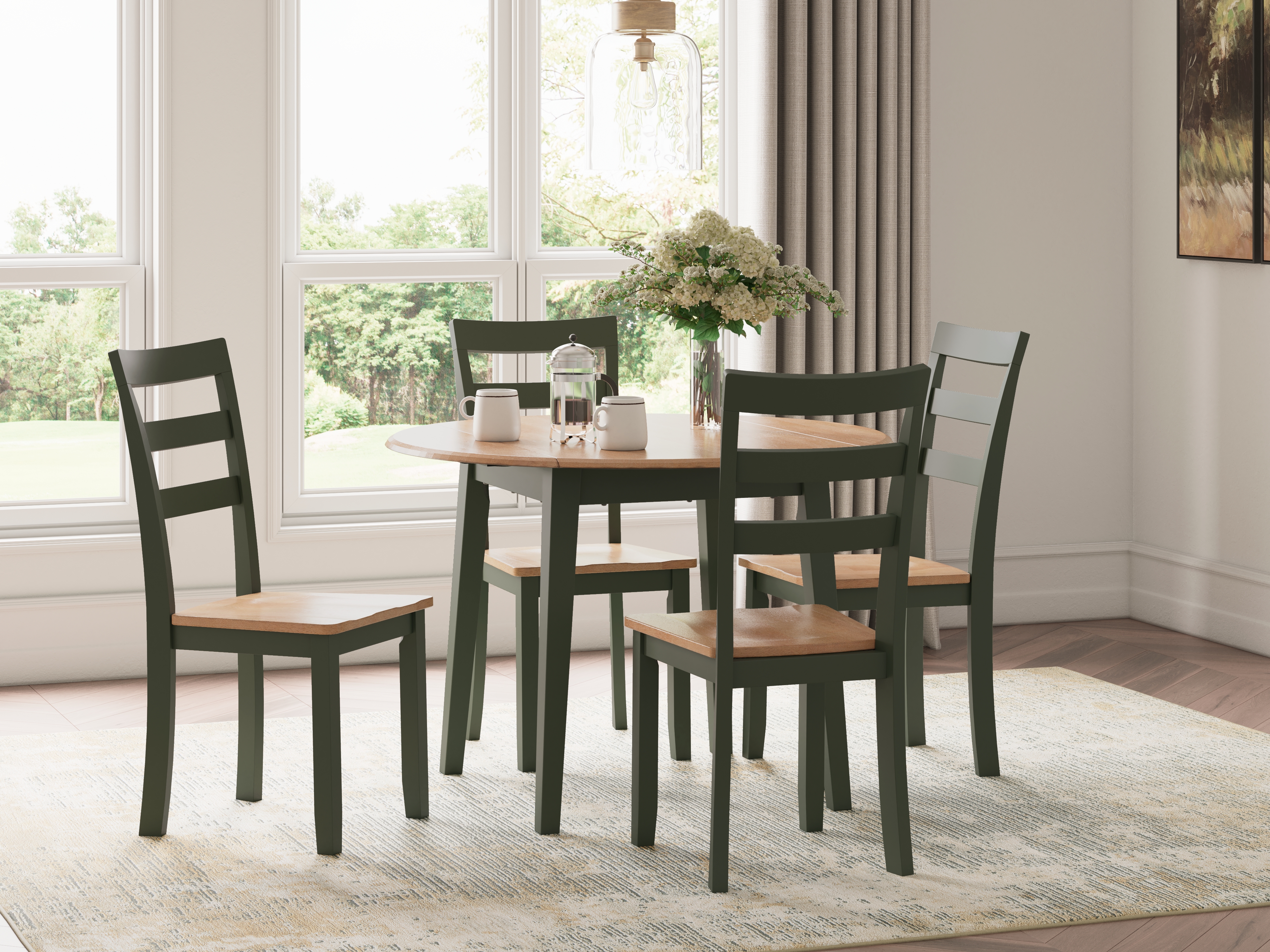 Gesthaven - 5 Pc. - Round Dining Room Drop Leaf Table, 4 Side Chairs - Natural / Green