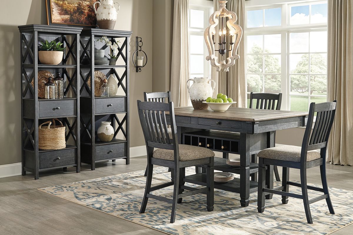 Tyler Creek - 7 Pc. - Counter Table, 4 Barstools, 2 Cabinets - Dark Gray