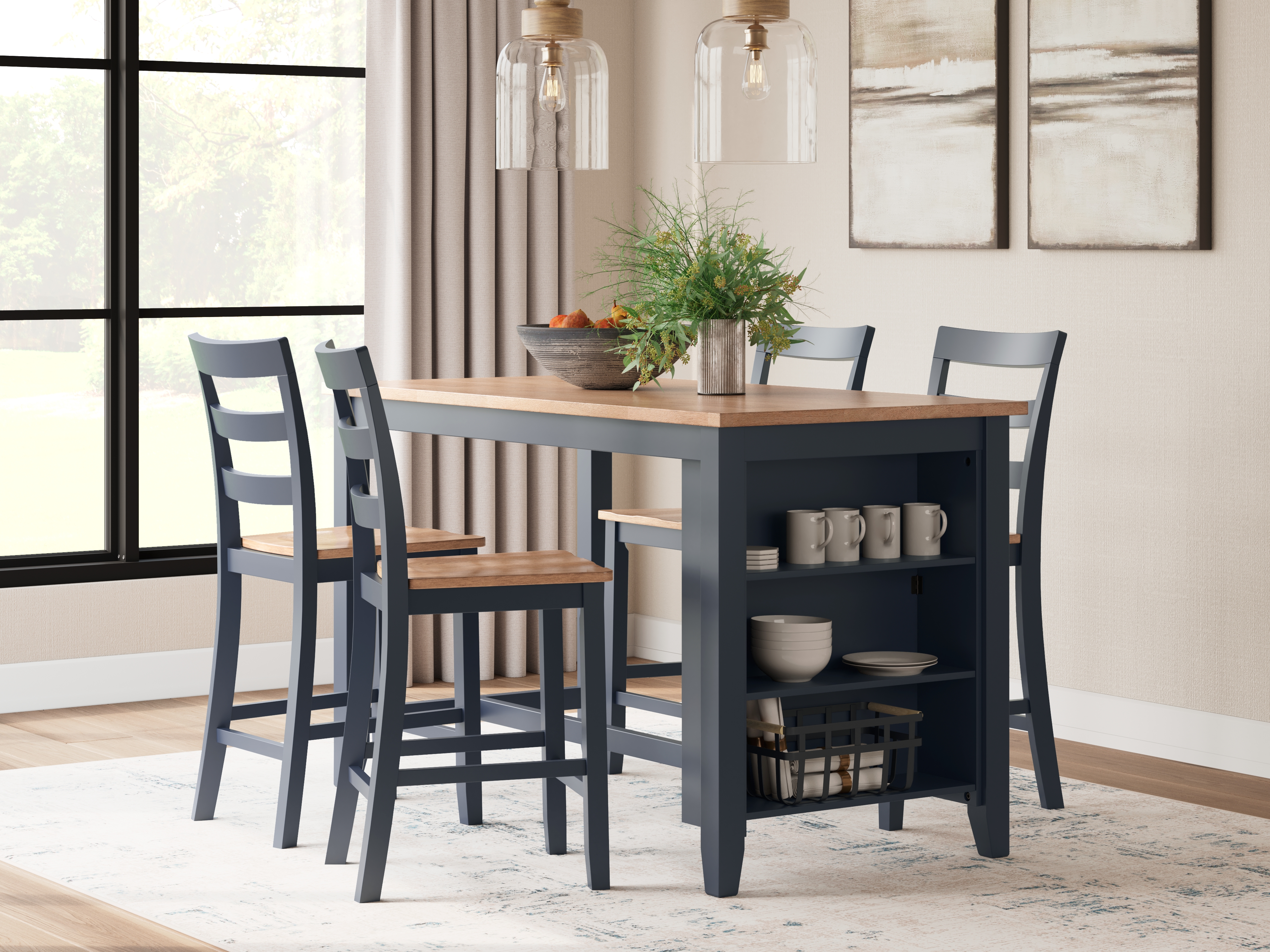 Gesthaven - 5 Pc. - Rectangular Dining Room Counter Table, 4  Barstools - Natural / Blue