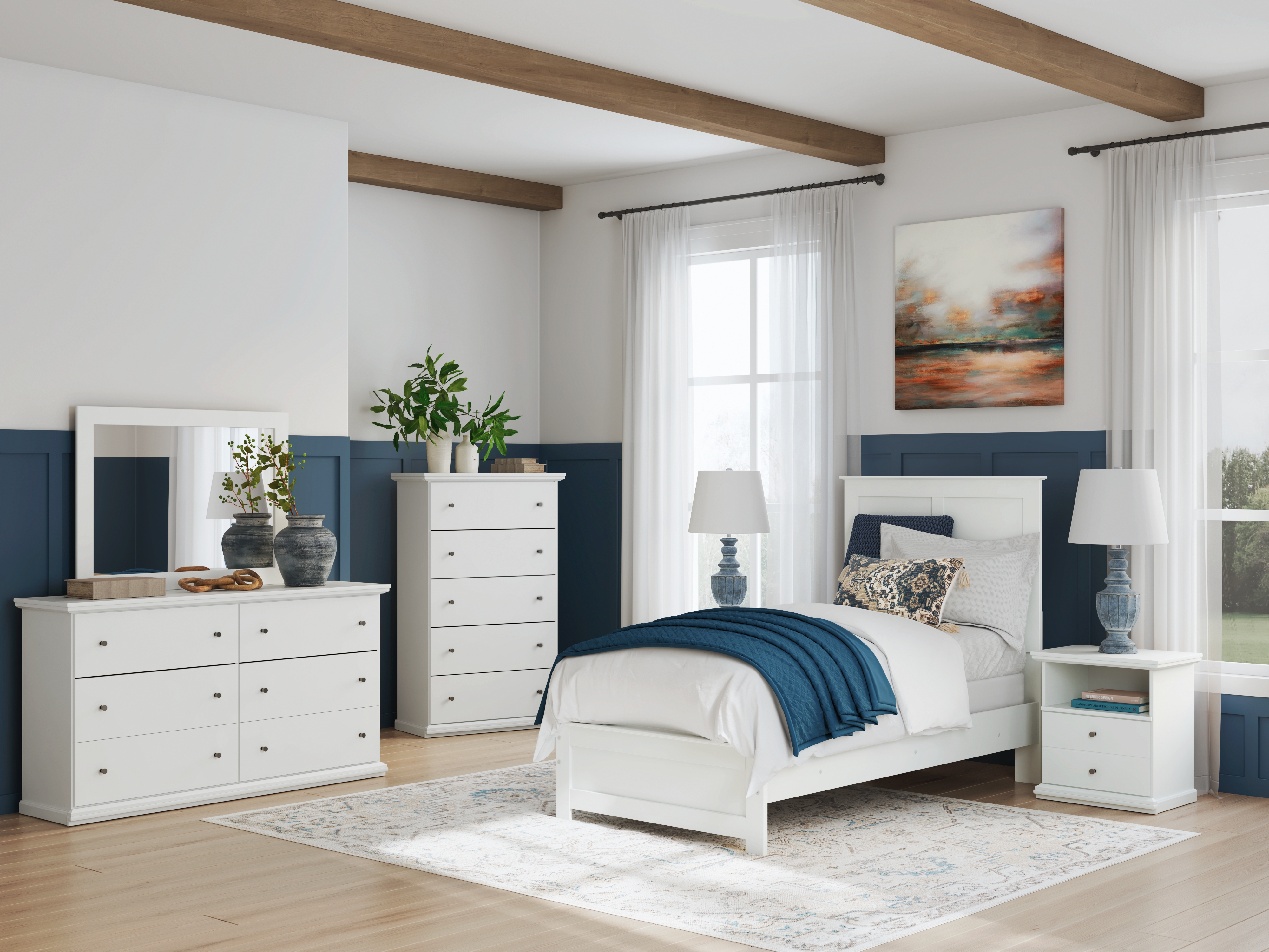 Bostwick Shoals - 6 Pc. - Dresser, Mirror, Twin Bed With Framed Footboard, 2 Nightstands - White