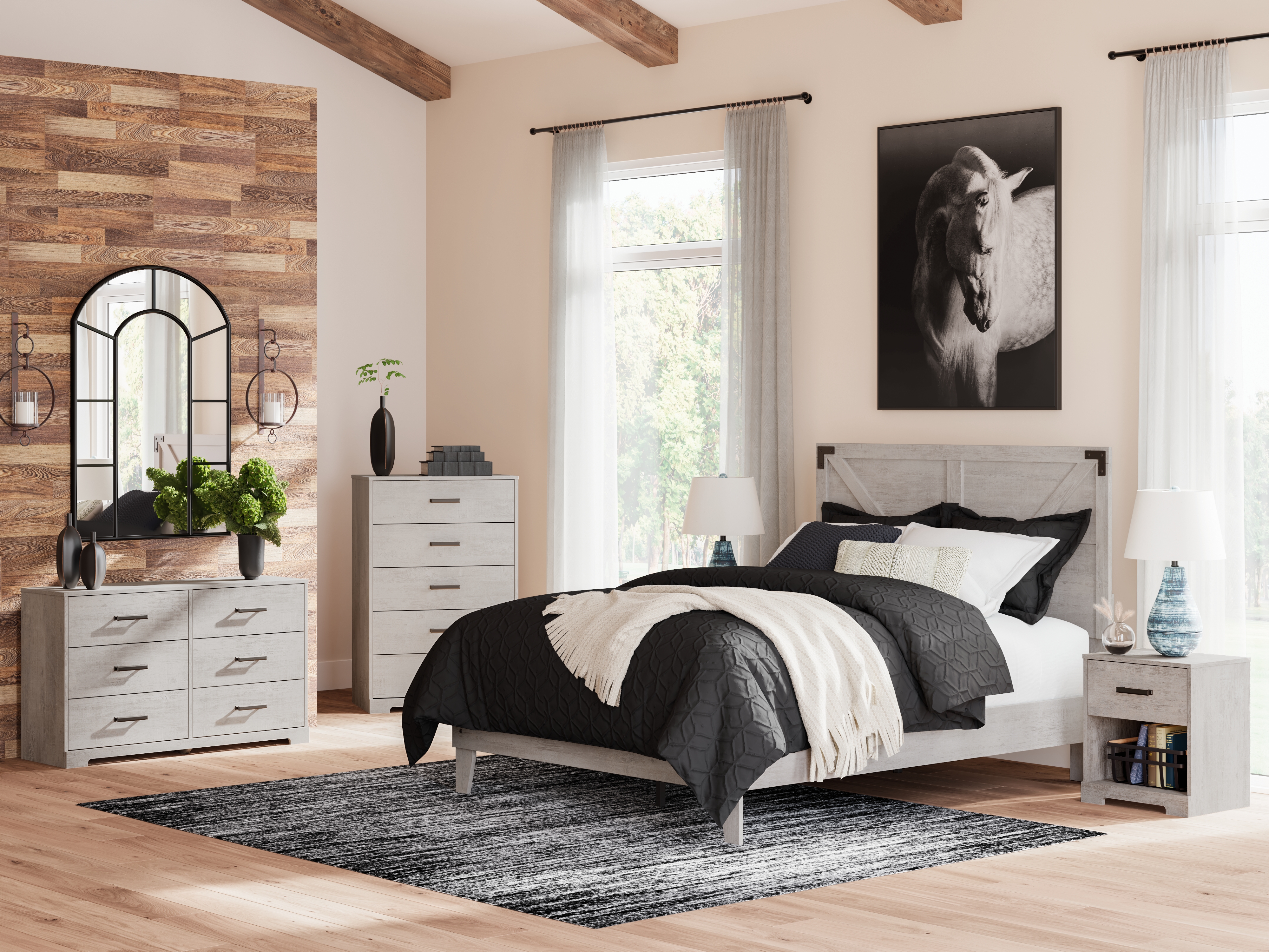 Shawburn - 6 Pc. - Dresser, Chest, Queen Platform Bed With Crossbuck Panel Headboard, 2 Nightstands - Gray