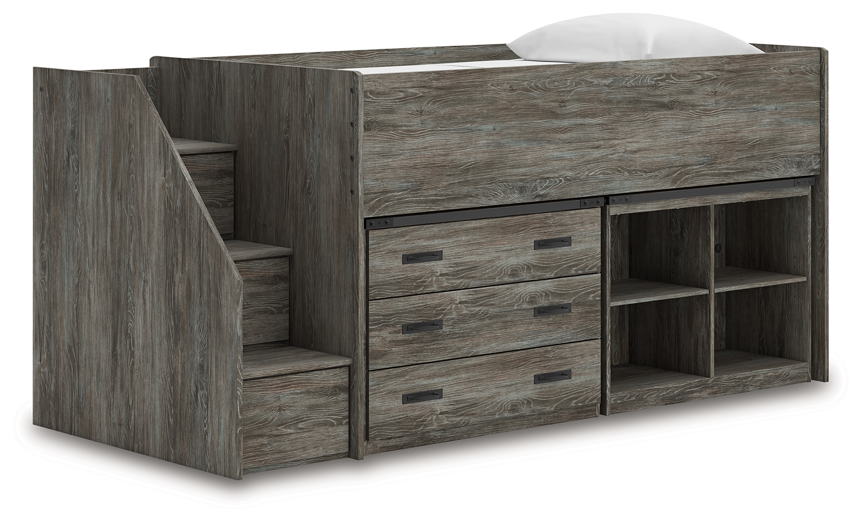 Frandern - Twin Loft Bed With Bookcase And Drawer Storage - Gray