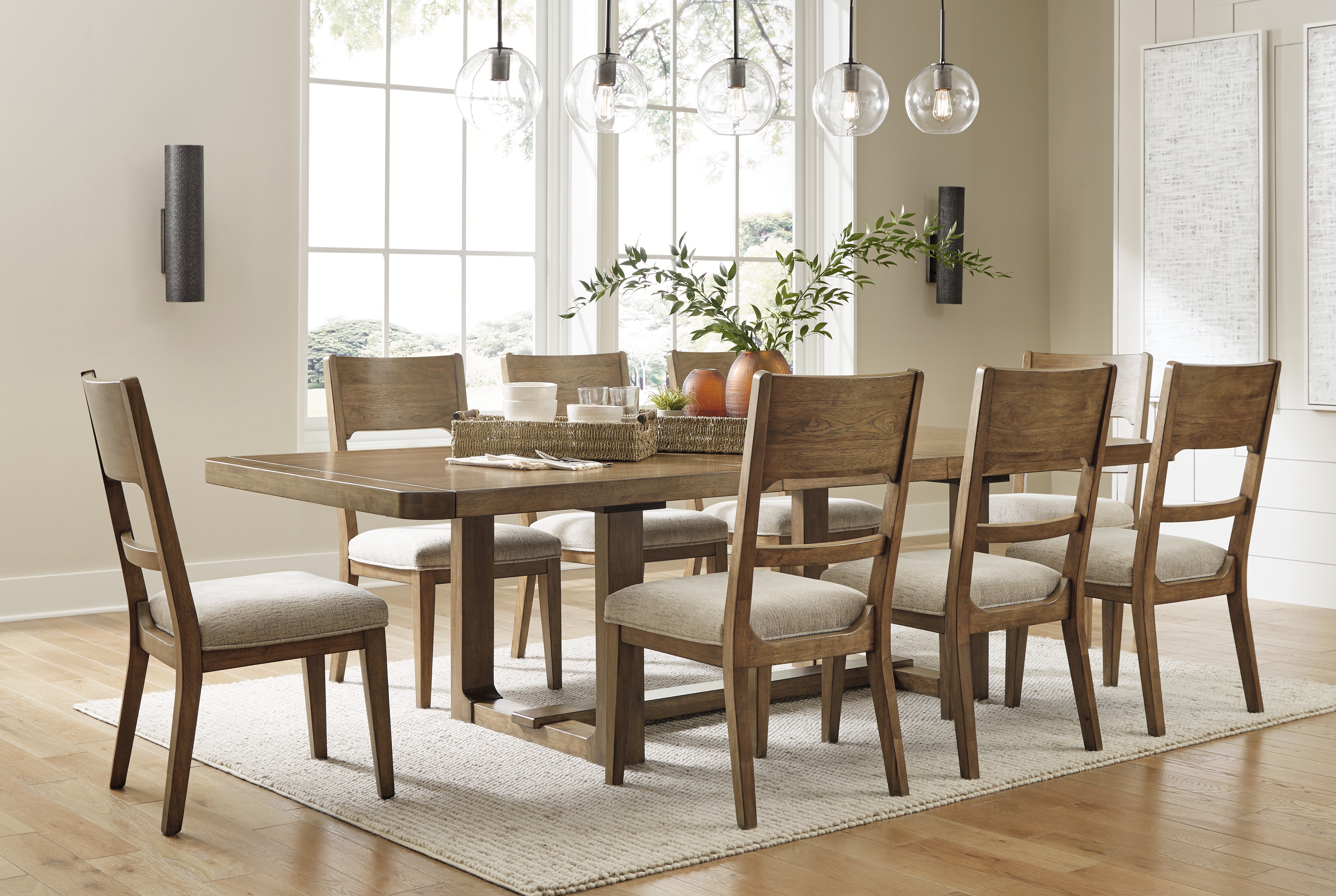 Cabalynn - 9 Pc. - Dining Room Table, 8 Side Chairs -  Oatmeal / Light Brown