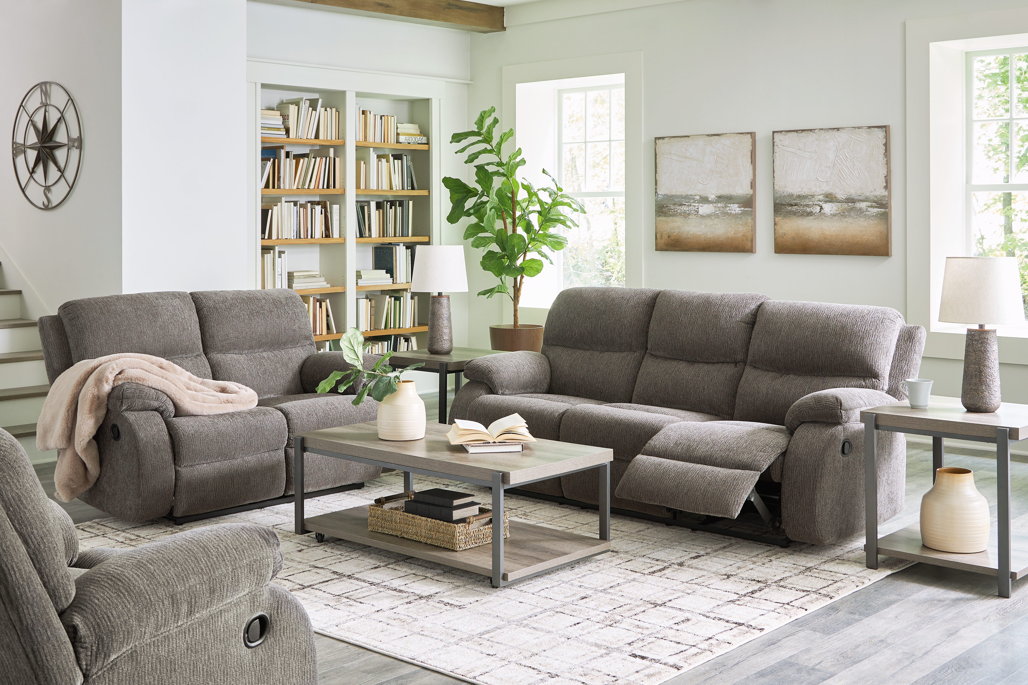 Scranto - 3 Pc. - Reclining Sofa, Reclining Loveseat, Rocker Recliner - Brindle