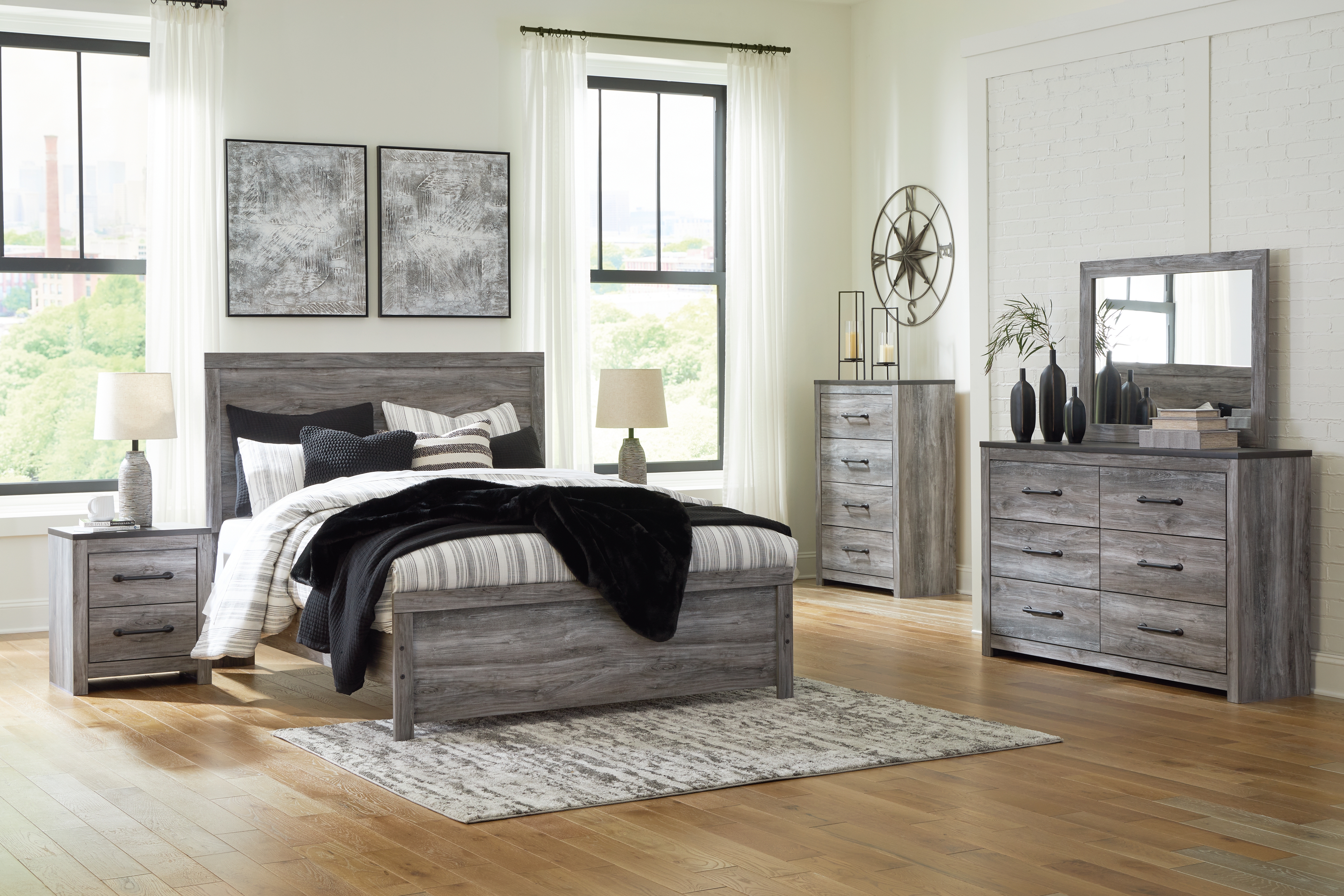 Bronyan - Queen Panel Bed  - 4 Pc. - Dresser, Mirror, Queen Bed - Dark Gray