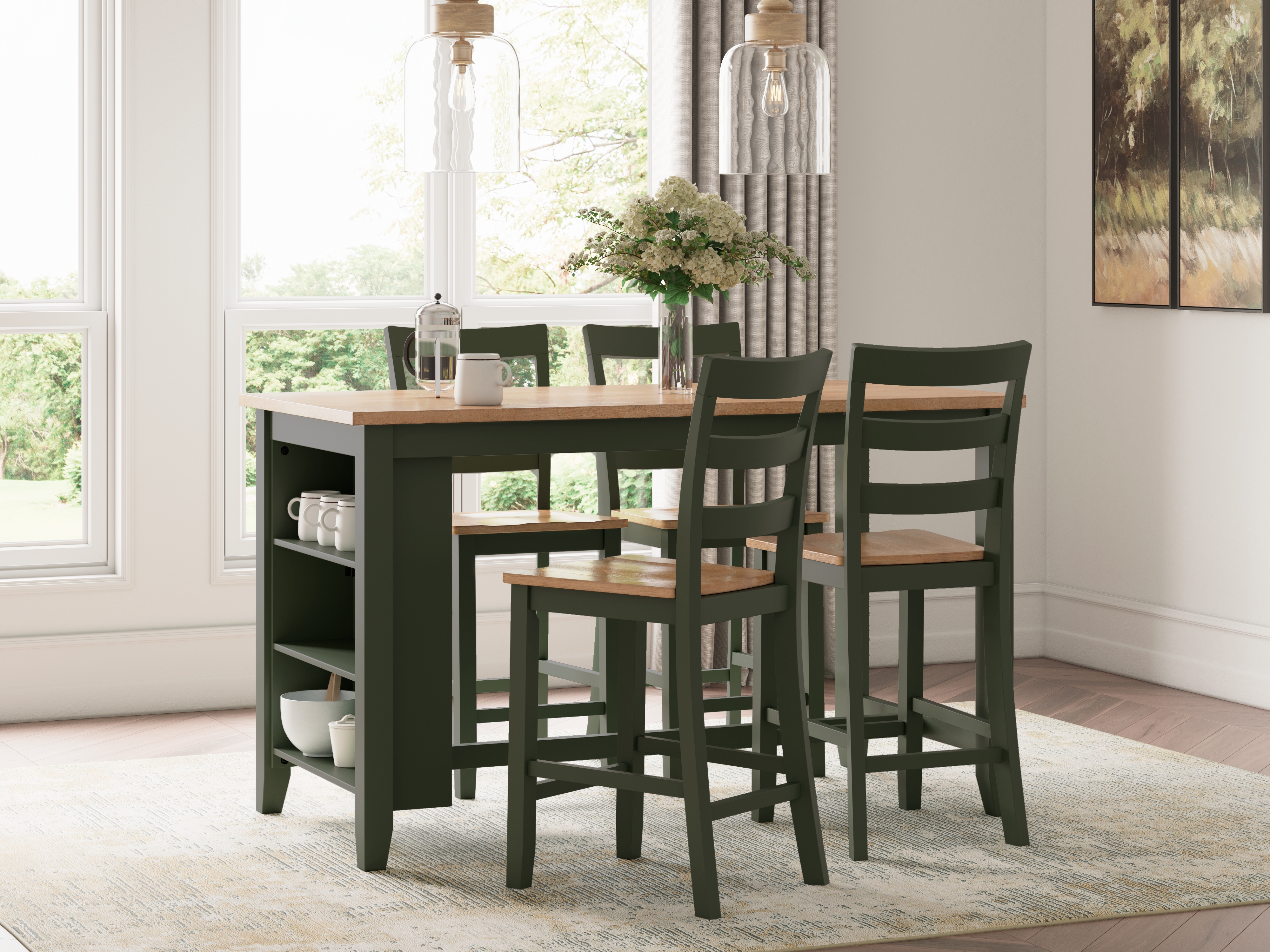 Gesthaven - 5 Pc. - Rectangular Dining Room Counter Table, 4  Barstools - Natural / Green