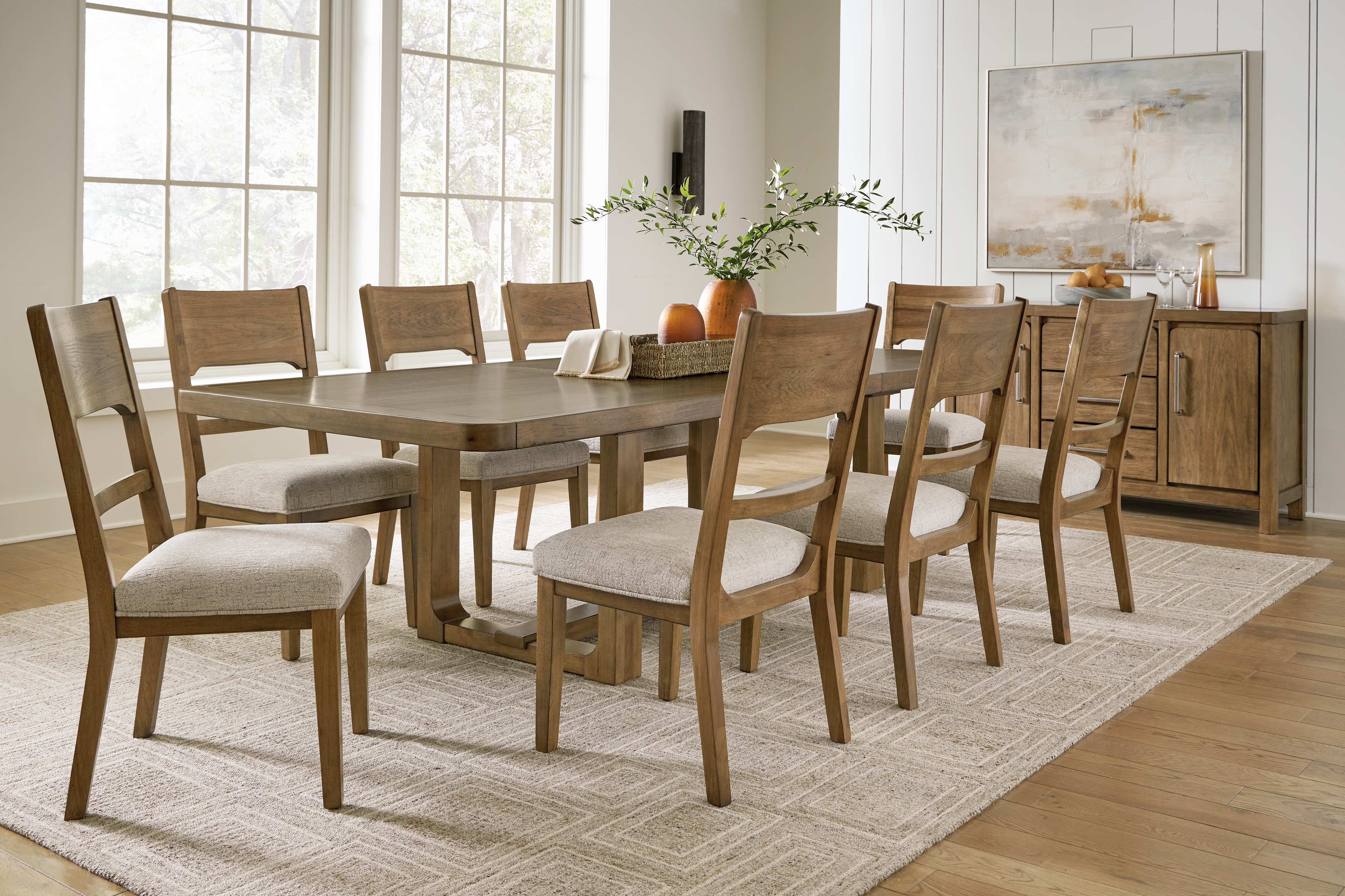 Cabalynn - 10 Pc. - Dining Room Table, 8 Side Chairs, Server - Oatmeal / Light Brown