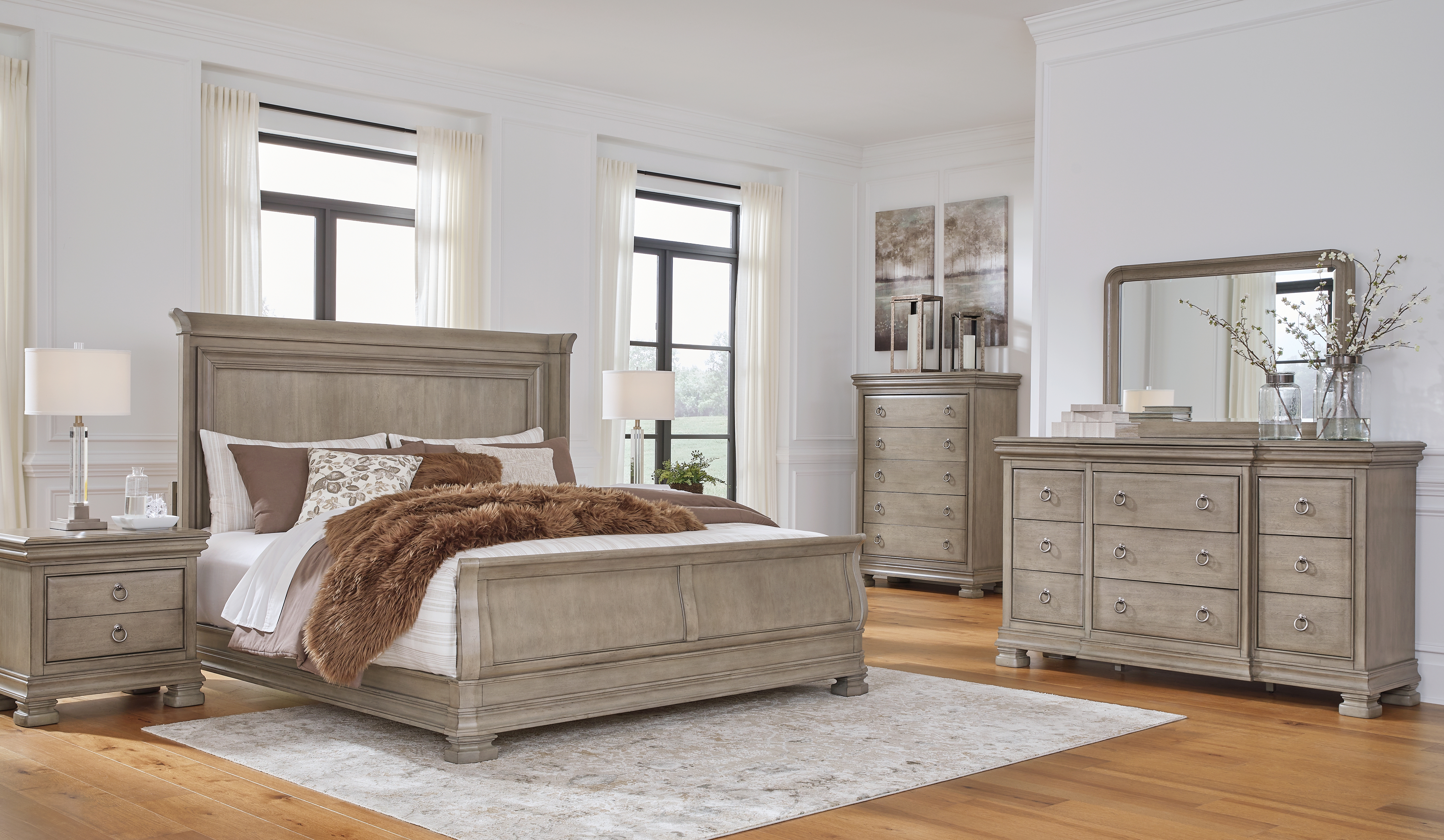 Lexorne - 6 Pc. - Dresser, Mirror, King Sleigh Bed, 2 Nightstands - Gray