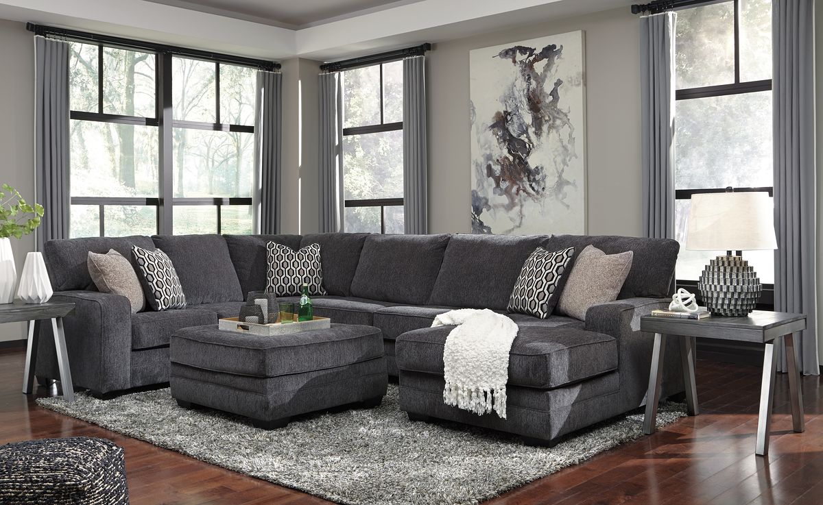 Tracling - 4 Pc. - Right Arm Facing Corner Chaise 3 Pc Sectional, Ottoman - Slate