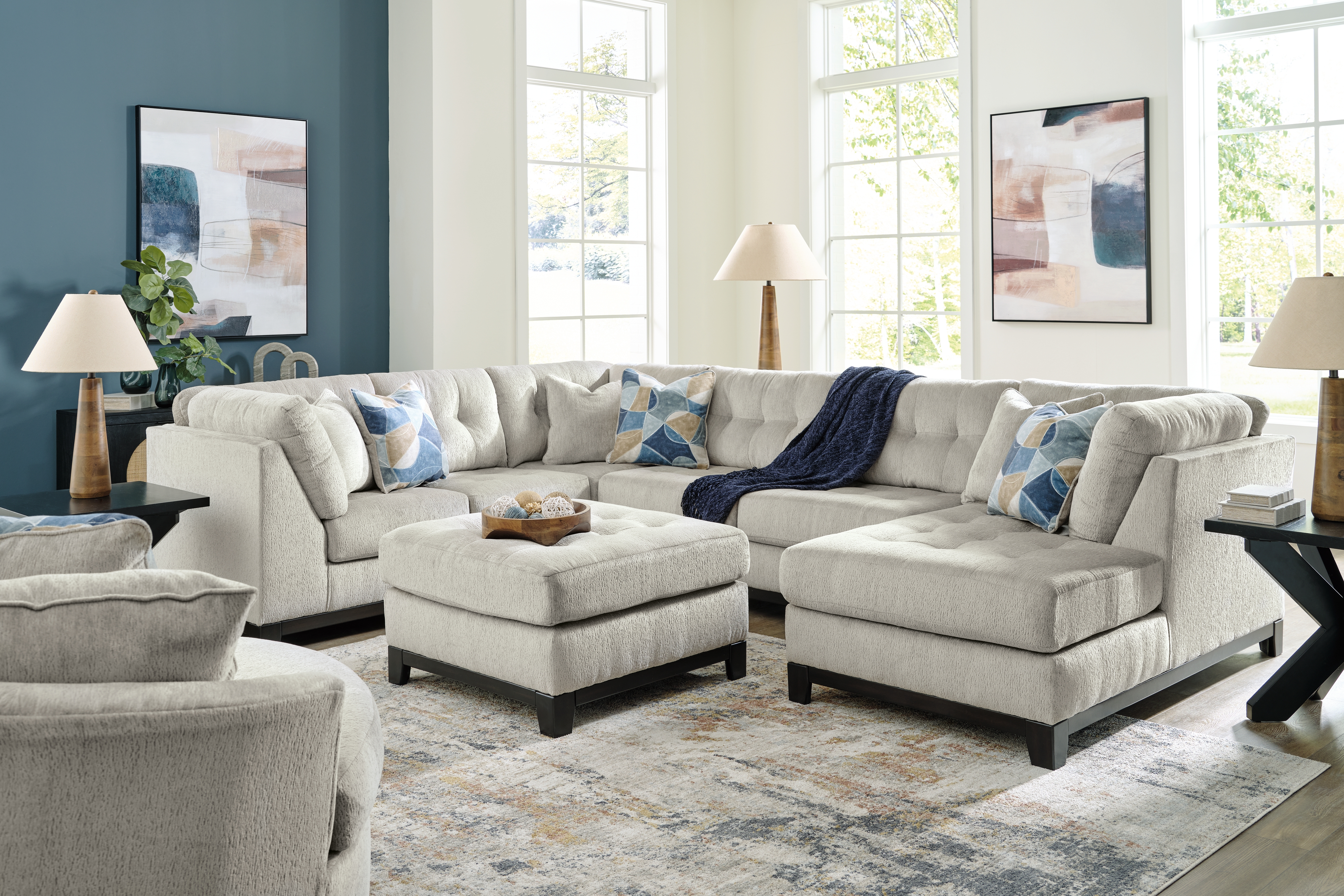Maxon Place - 5 Pc. - 3-Piece Sectional With Raf Corner Chaise, Chair, Ottoman - Stone