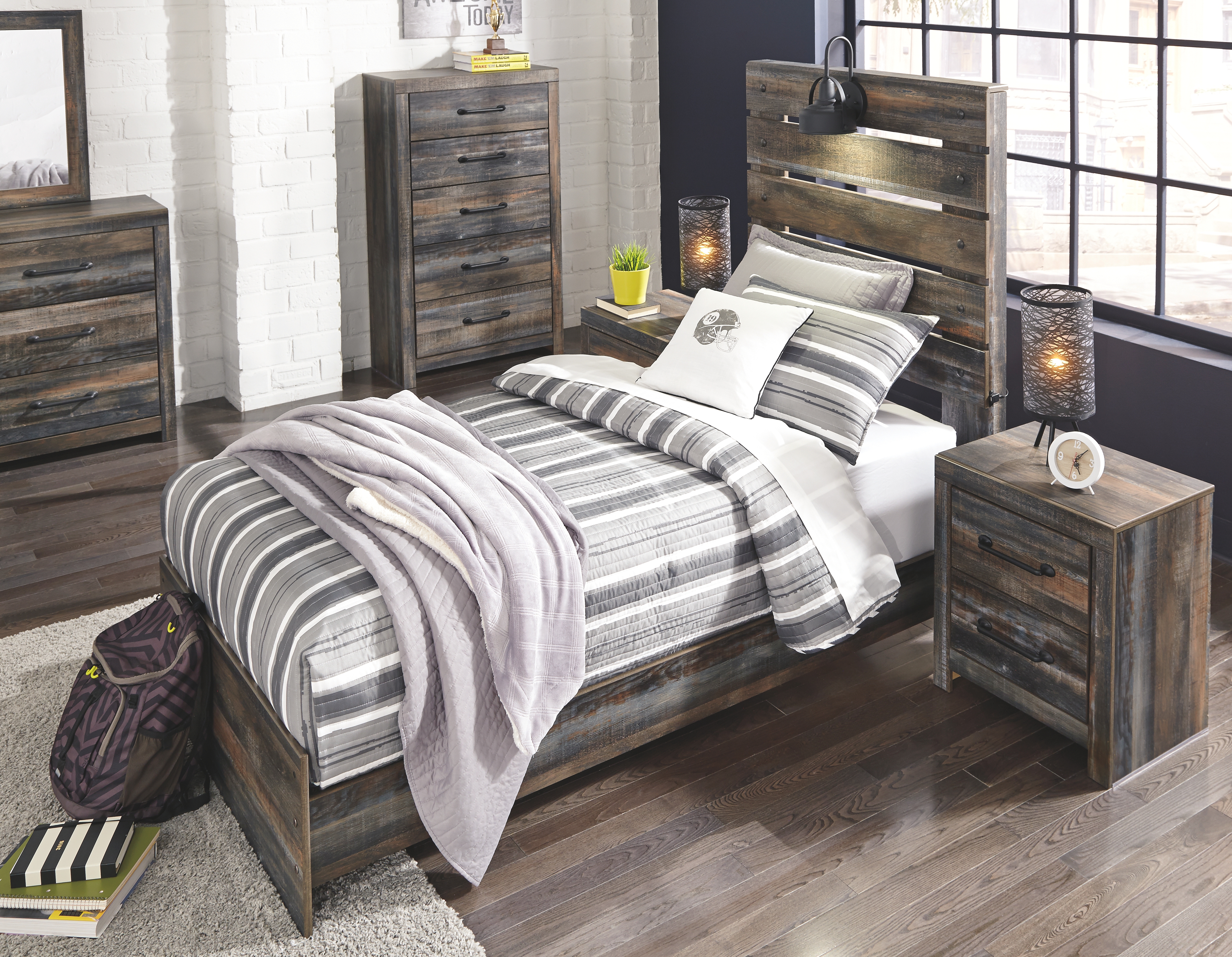 Drystan - 6 Pc. - Dresser, Mirror, Chest, Twin Panel Bed - Brown / Beige