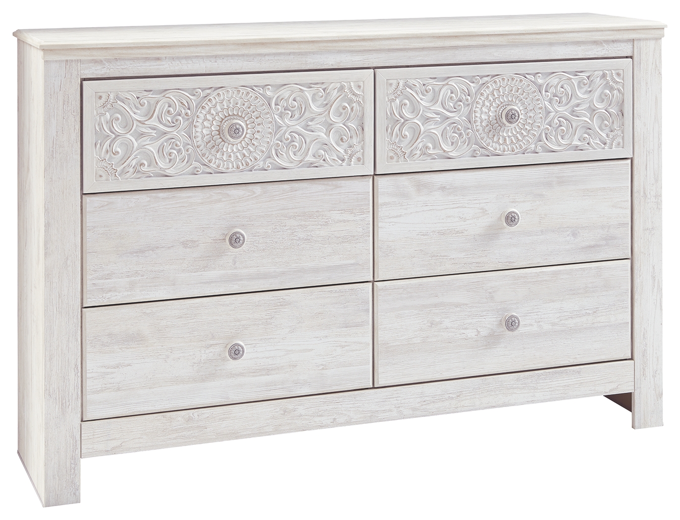 Paxberry - Six Drawer Dresser - Medallion Drawer Pulls - Whitewash