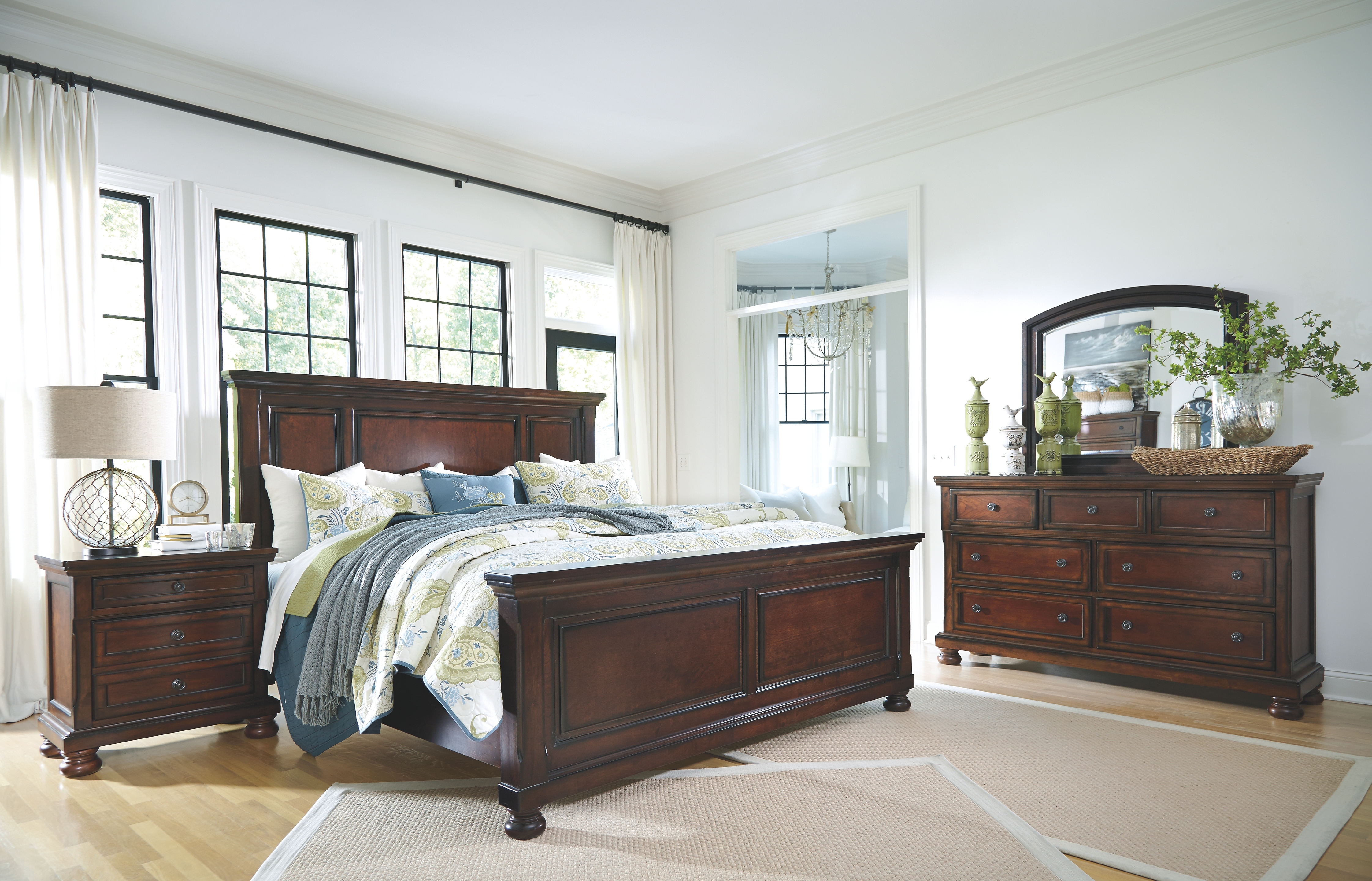Porter - 6 Pc. - Dresser, Mirror, King Panel Bed, Nightstand - Rustic Brown