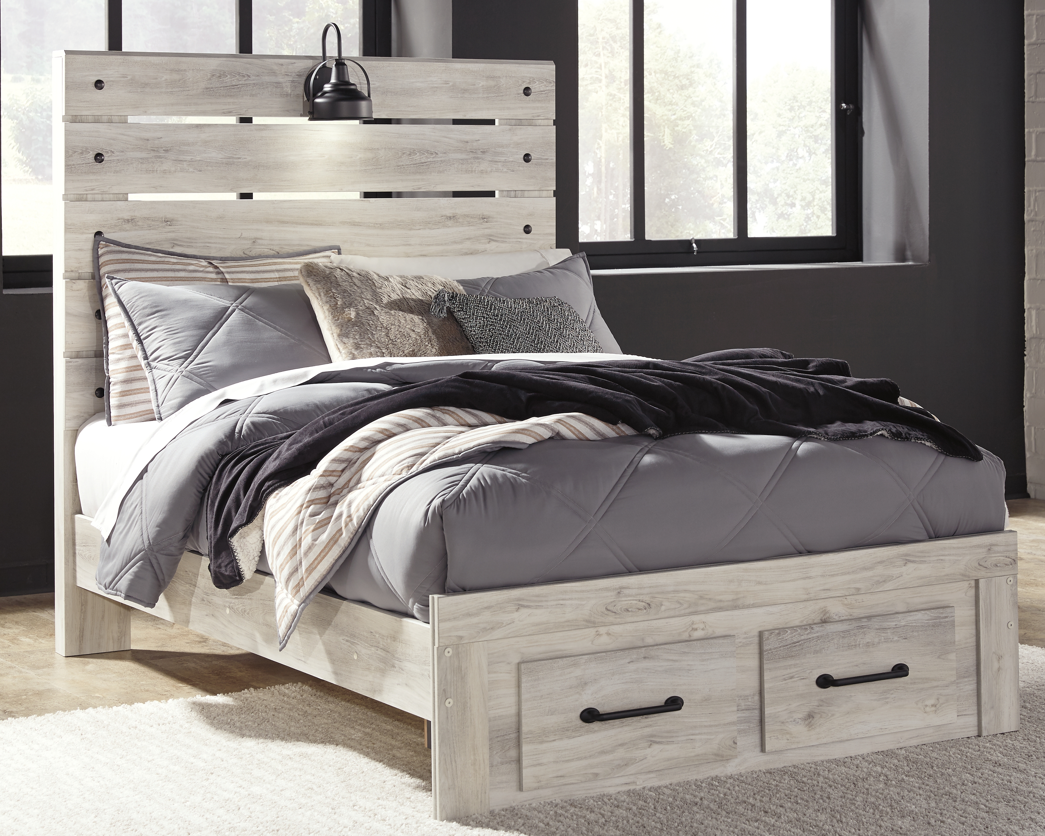 Cambeck - Full Panel Bed with 2 Storage Drawers - Whitewash