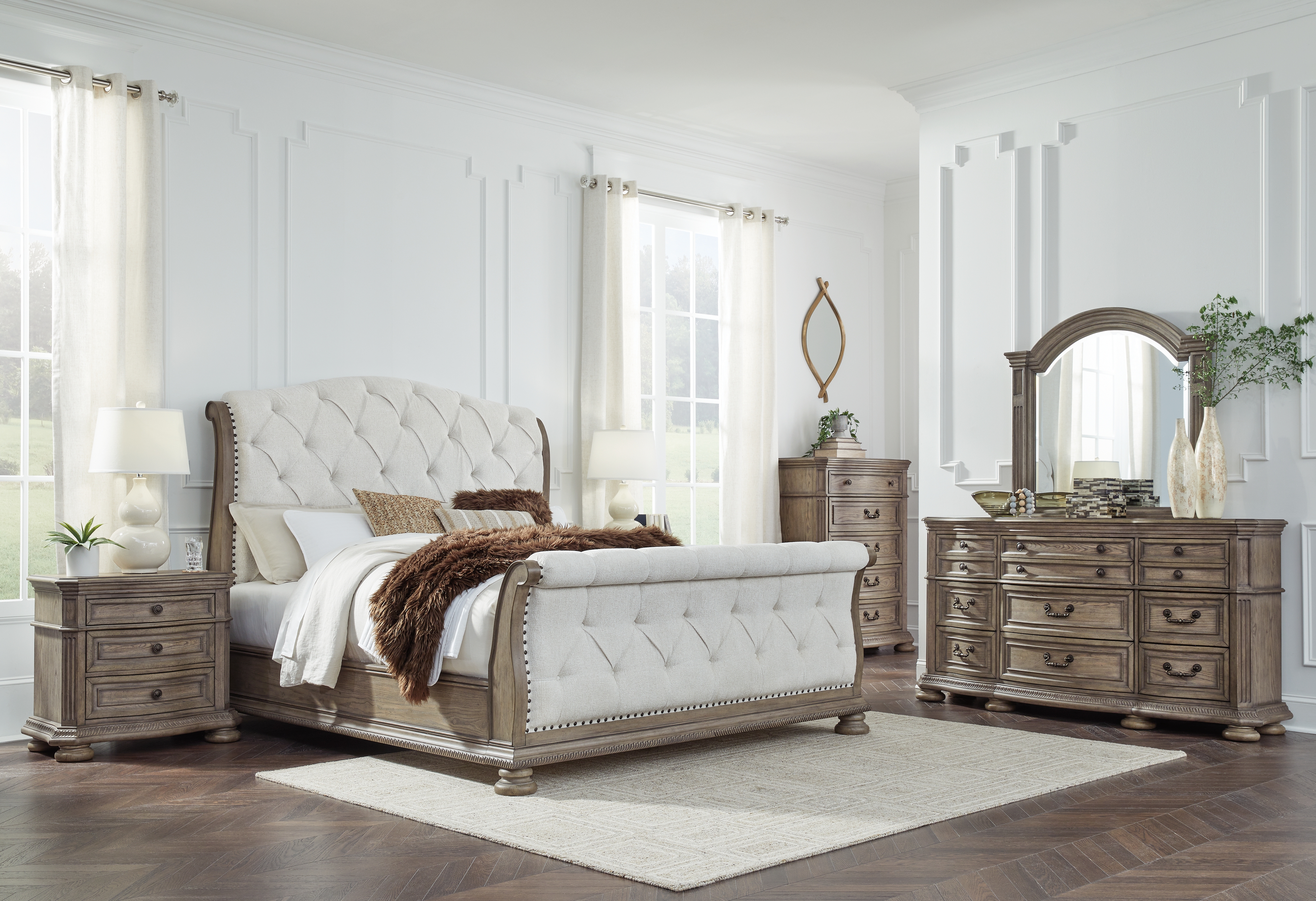 Ardenfield - 8 Pc. - Dresser, Mirror, Chest, King Upholstered Sleigh Bed, 2 Nightstands - Light Brown