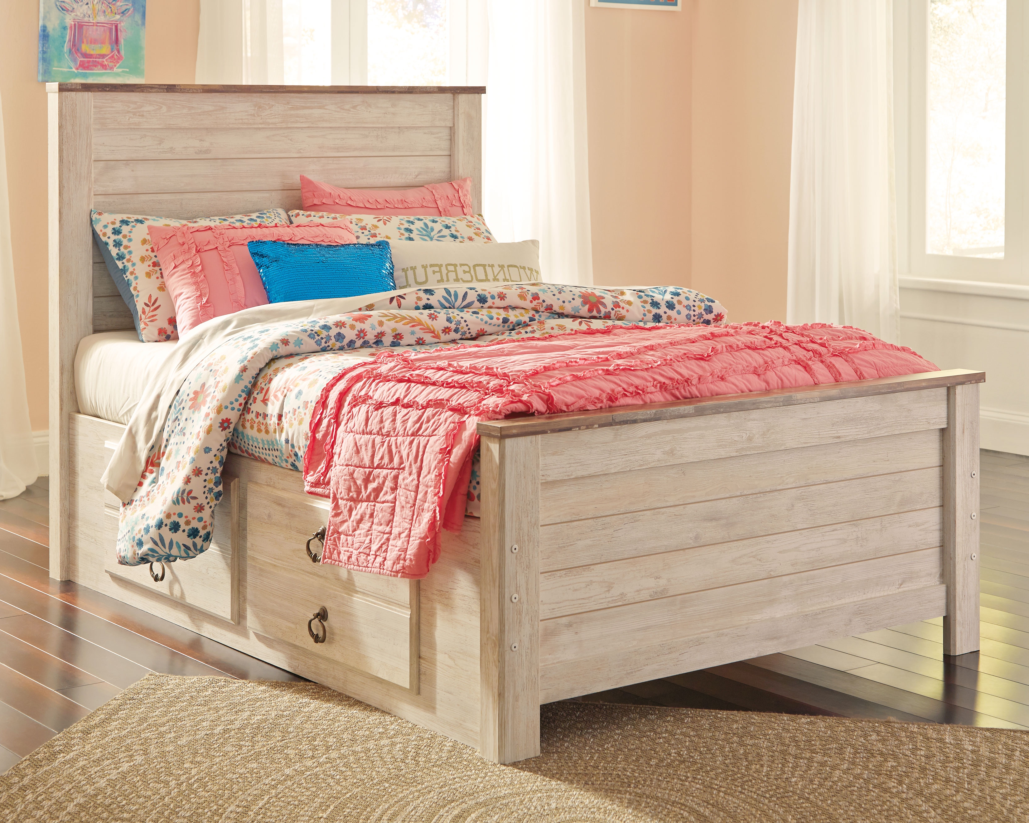 Willowton - Full Panel Bed with 2 Storage Drawers - Whitewash