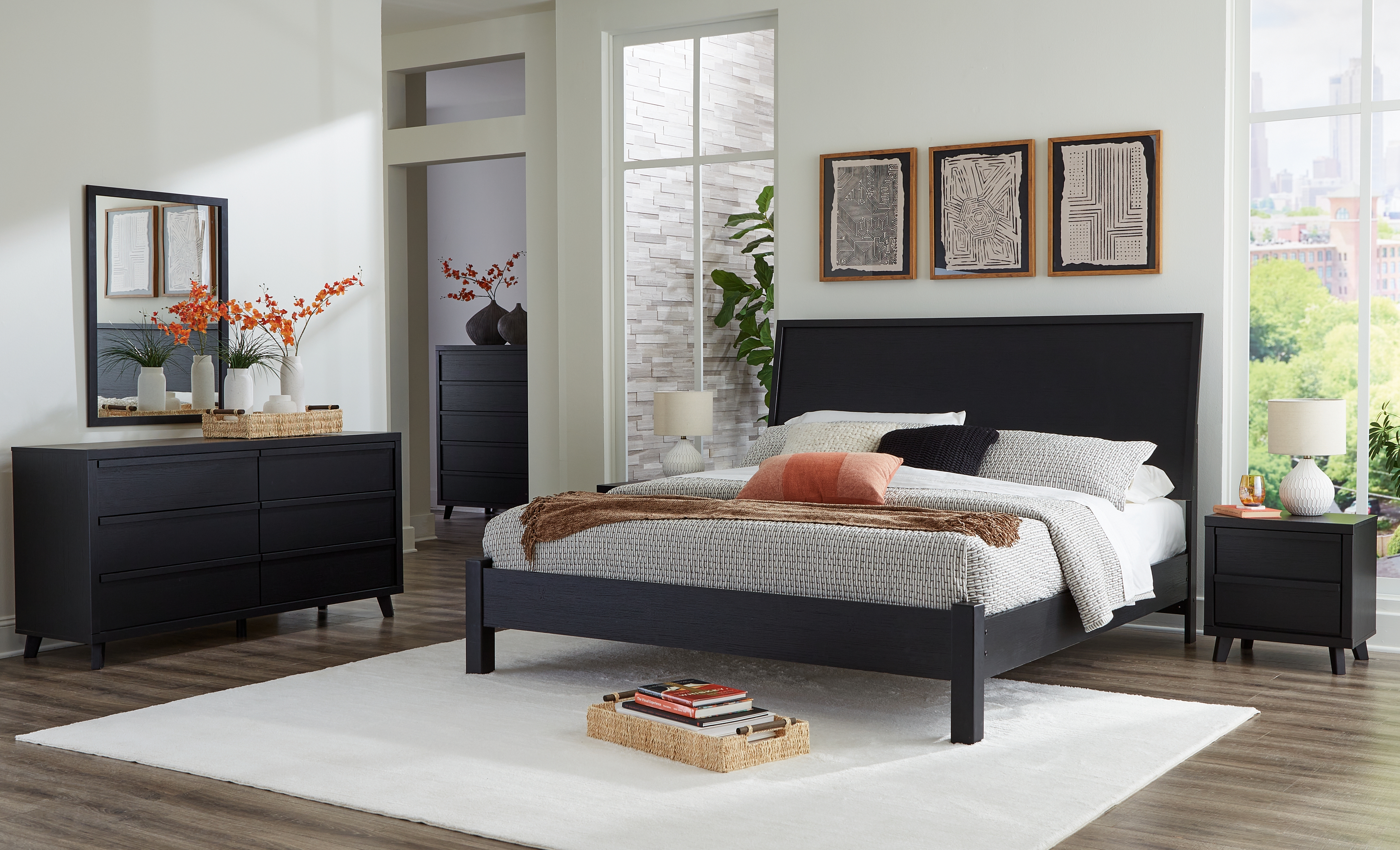 Danziar - 8 Pc. - Dresser, Mirror, Chest, King Panel Bed With Low Footboard, 2 Nightstands - Black