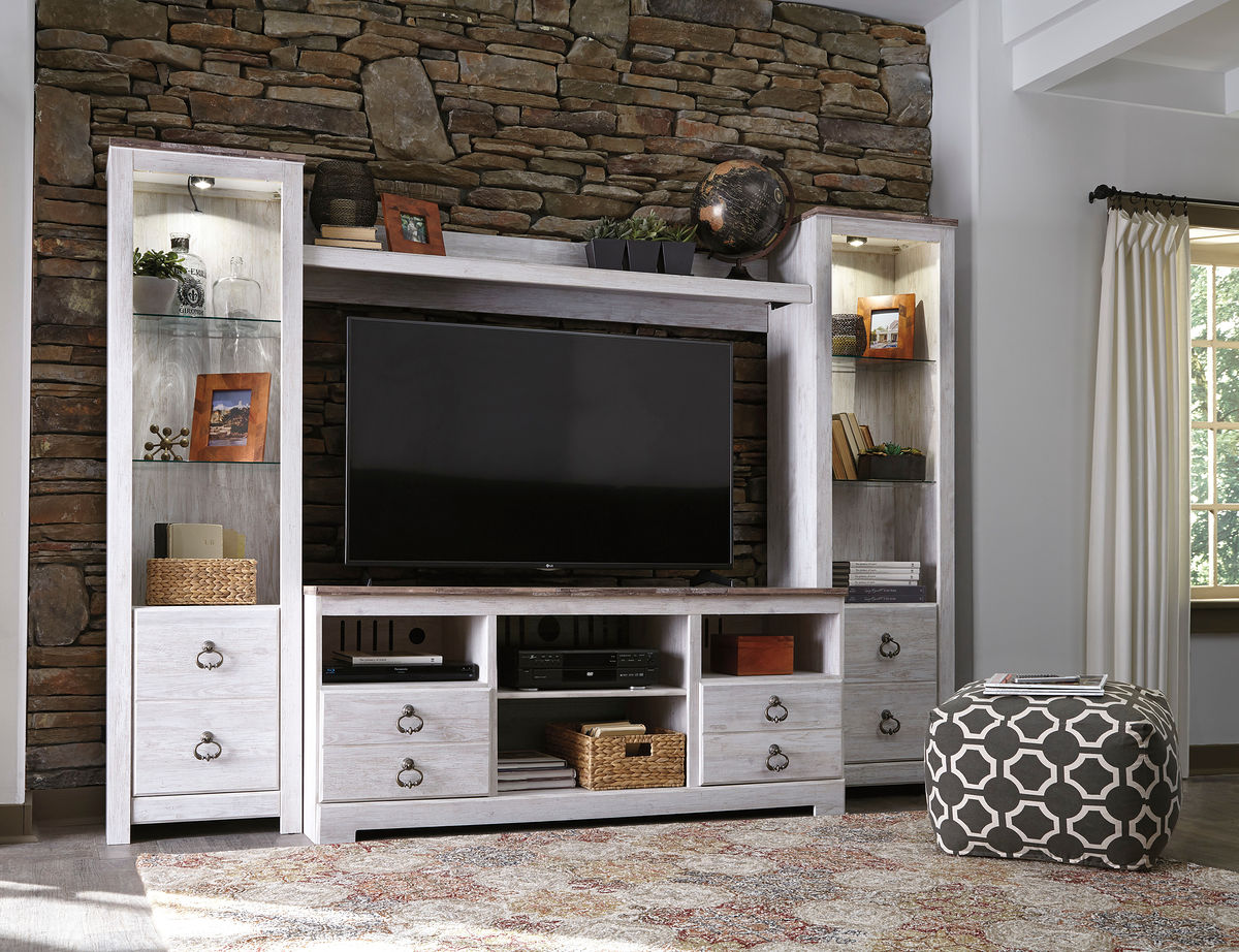 Willowton - 4 Pc. - Entertainment Center - 64" TV Stand with Fireplace Option - Whitewash