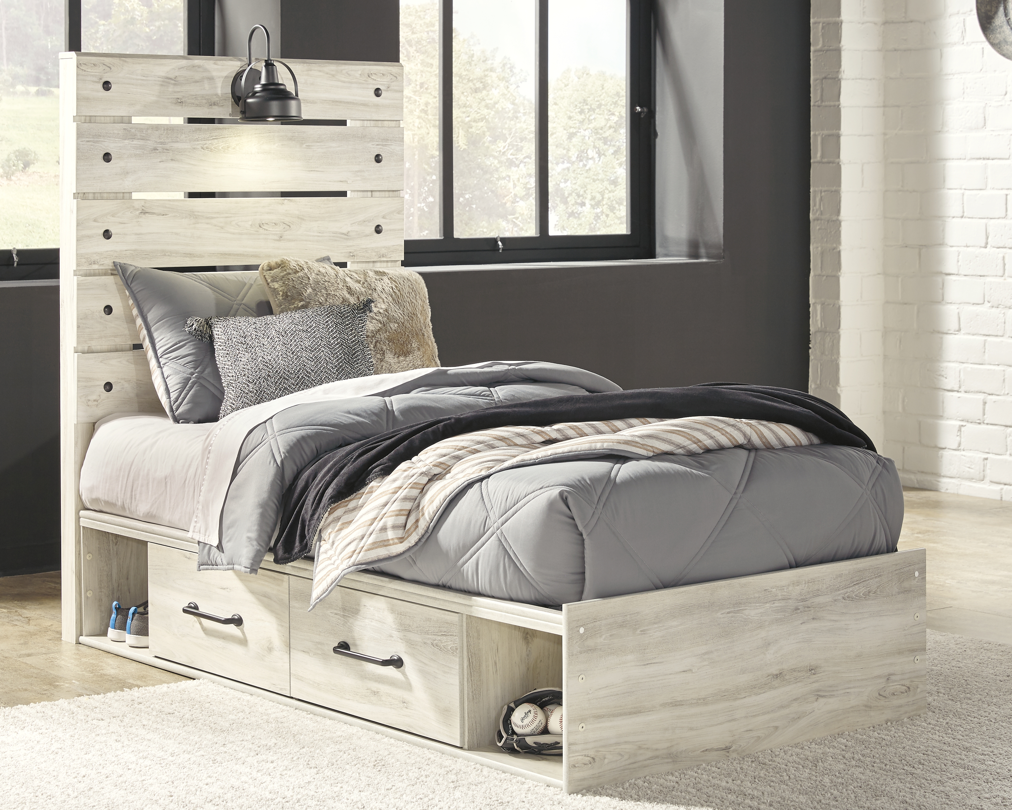 Cambeck - Twin Panel Bed with 4 Storage Drawers - Whitewash