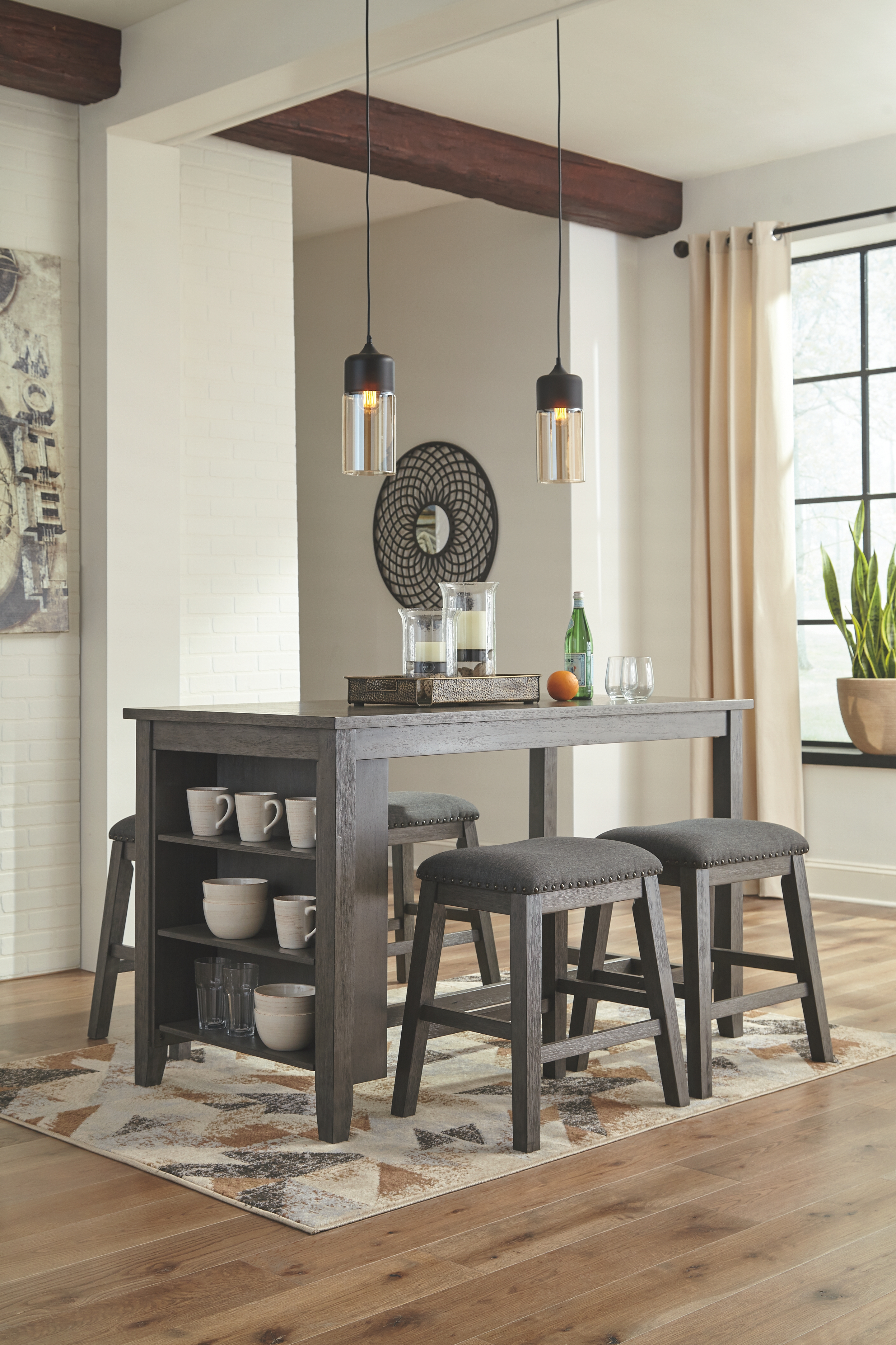 Caitbrook - 5 Pc. - Counter Table, 4 Upholstered Stools - Gray