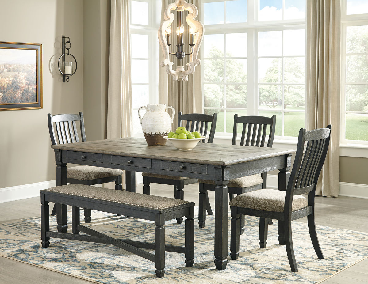 Tyler Creek - 6 Pc. - Dining Room Table, 4 Side Chairs, Bench - Dark Gray
