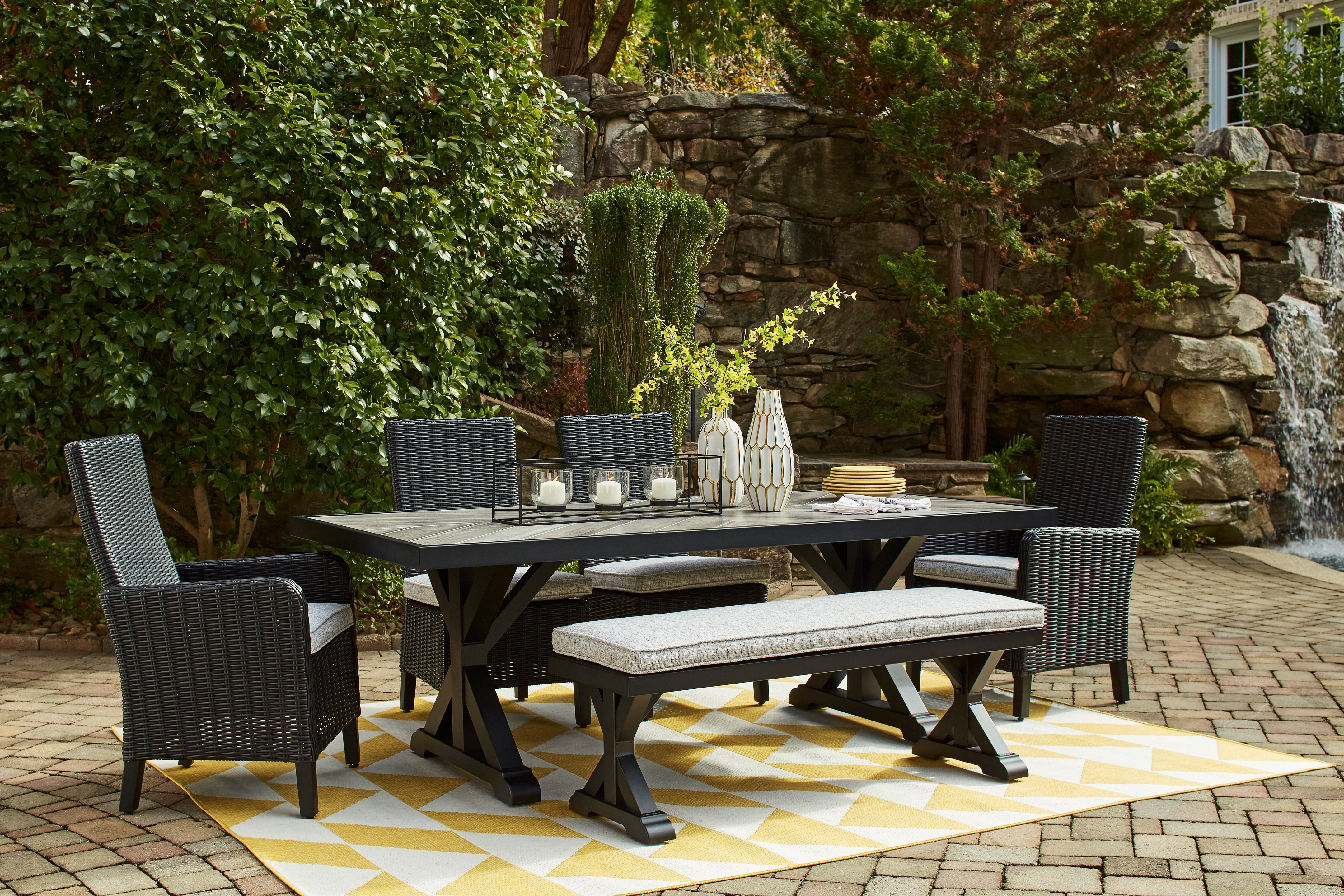 Beachcroft - 6 Pc. - Outdoor Dining Table, 2 Side Chairs, 2 Arm Chairs, Bench - Black / Light Gray