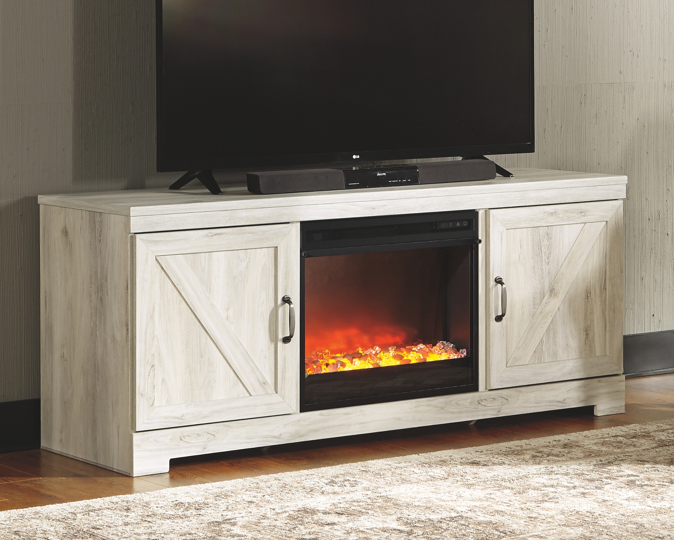 Bellaby - 2 Pc. - 63" TV Stand with Fireplace Insert Glass/Stone - Whitewash
