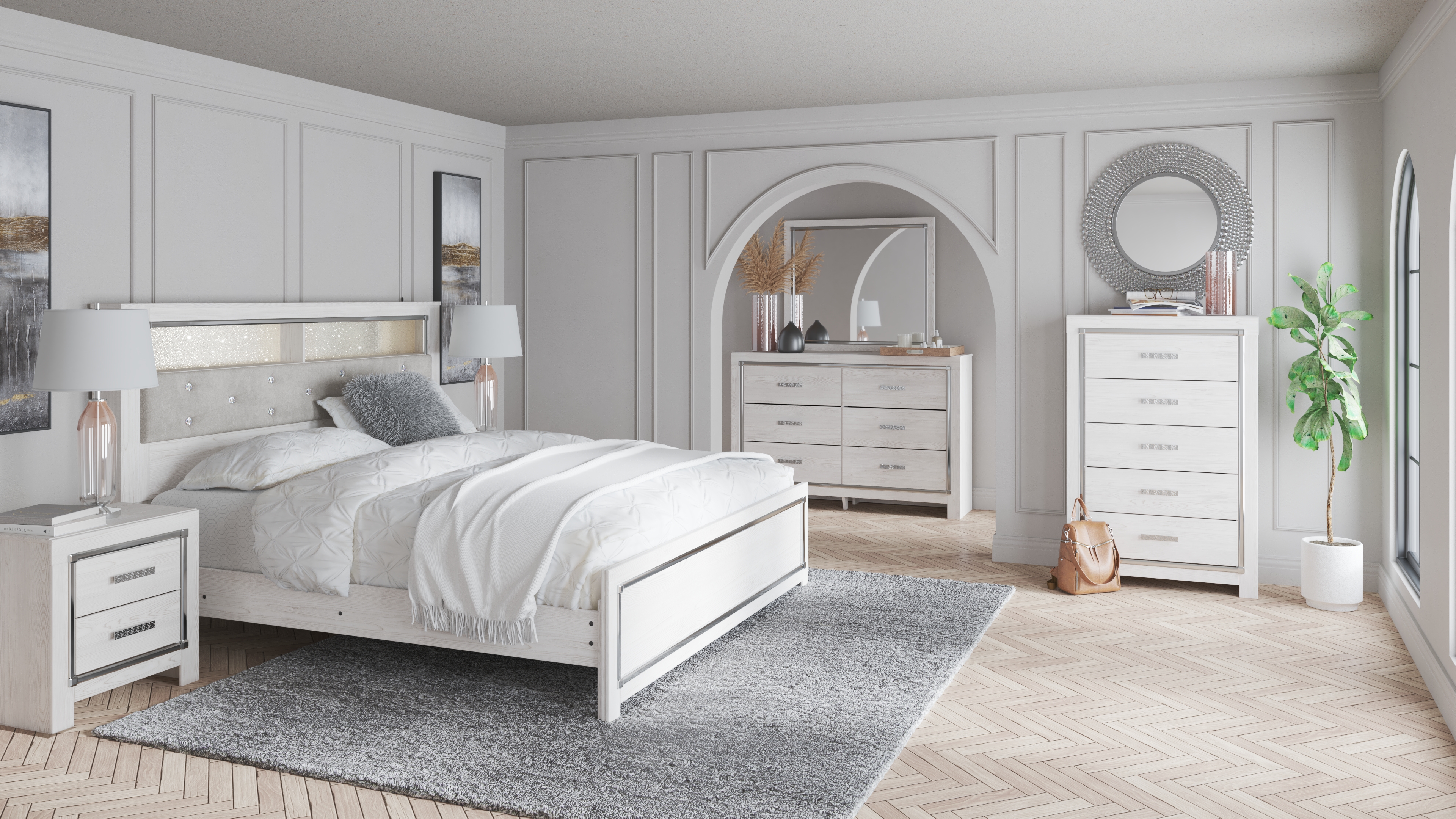 Altyra - 6 Pc. - Dresser, Mirror, Chest, Queen Panel Bookcase Bed - White