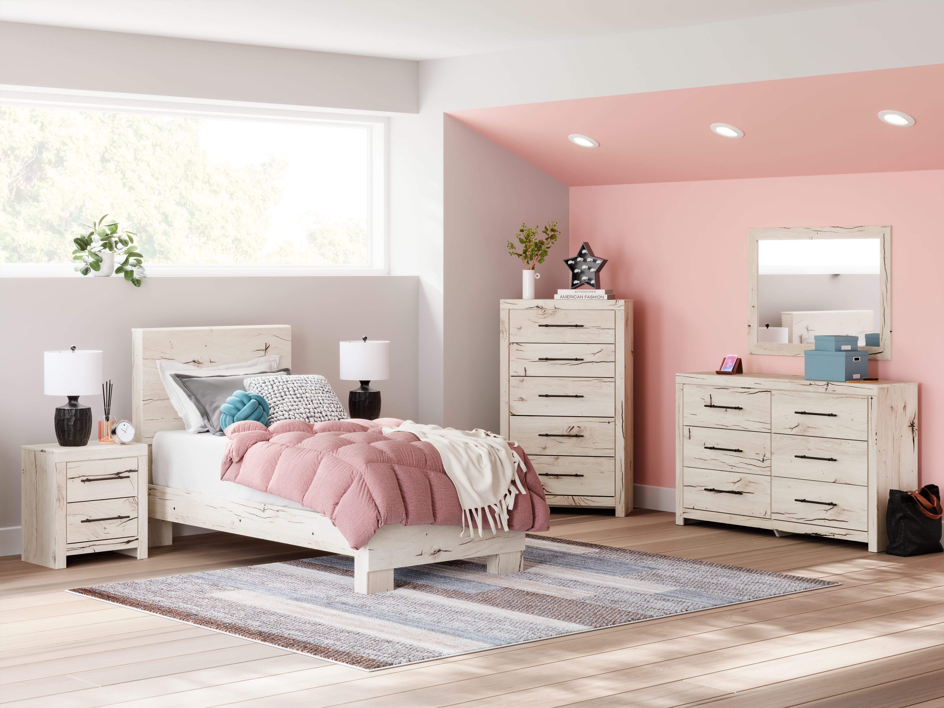 Lawroy - 7 Pc. - Dresser, Mirror, Twin Panel Bed, 2 Nightstands - Light Natural