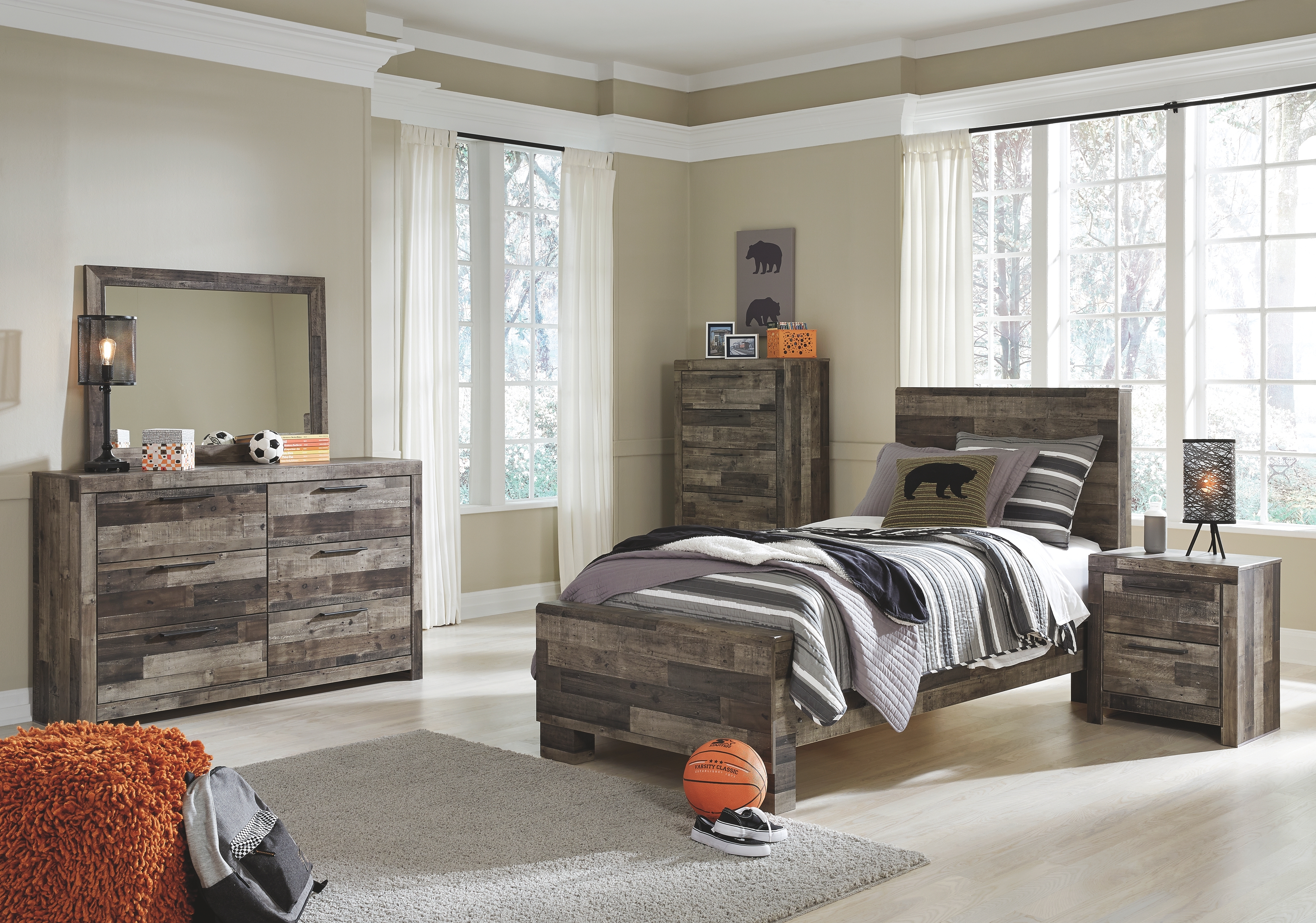 Derekson - 6 Pc. - Dresser, Mirror, Chest, Twin Panel Bed - Multi Gray