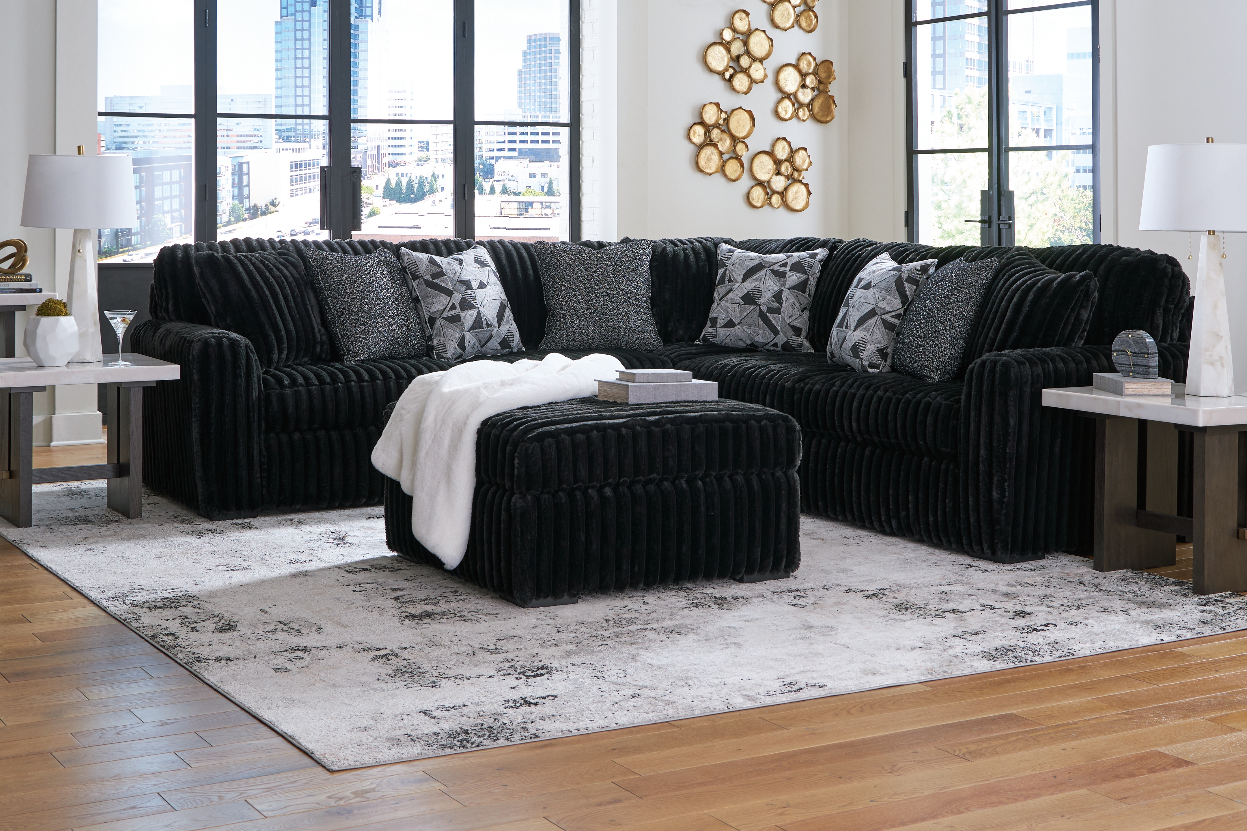 Midnight-Madness - 4 Pc. - 3-Piece Sectional, Ottoman - Onyx