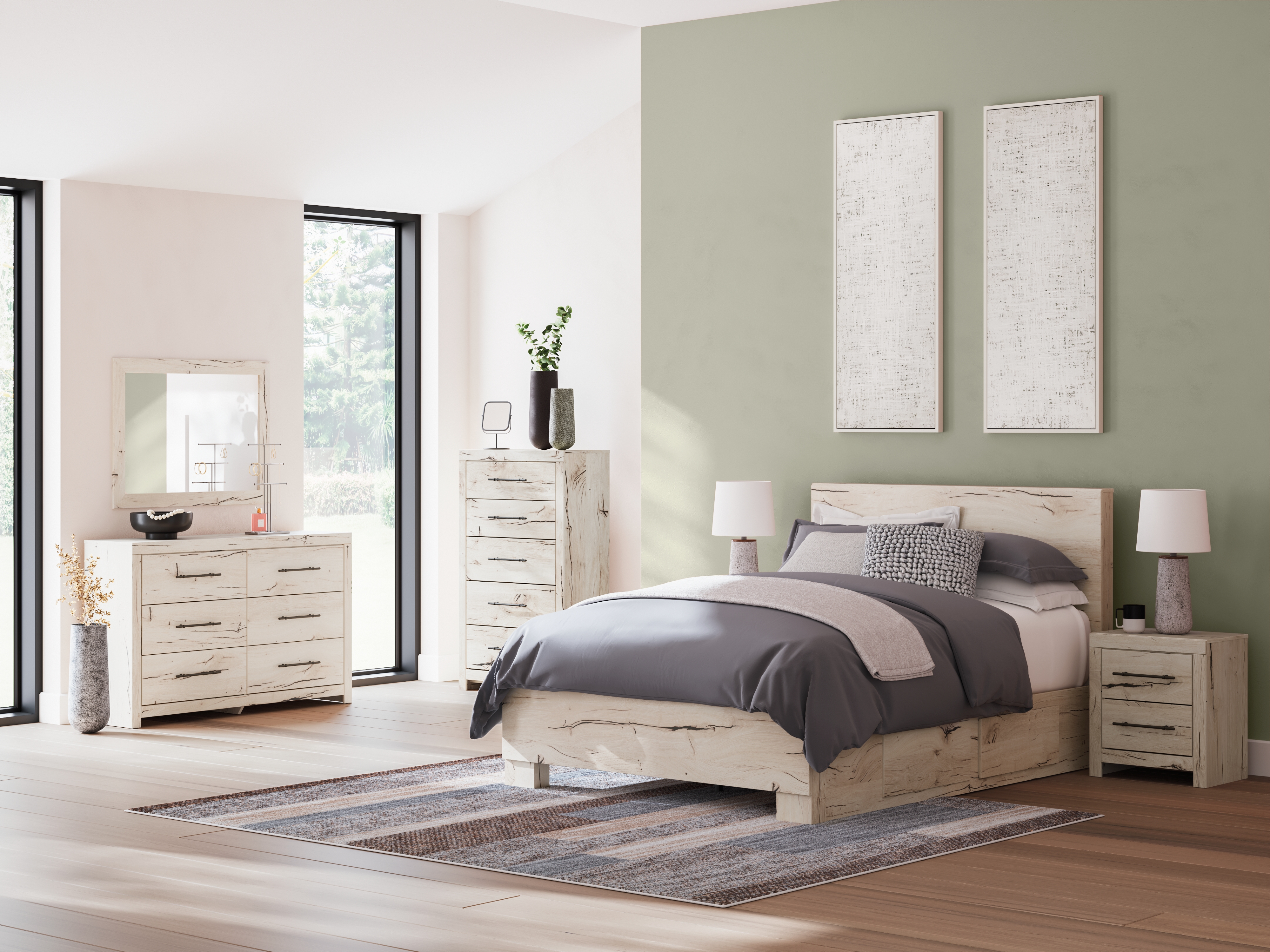 Lawroy - 8 Pc. - Dresser, Mirror, Chest, Queen Panel Bed With Under Bed Storage - Light Natural