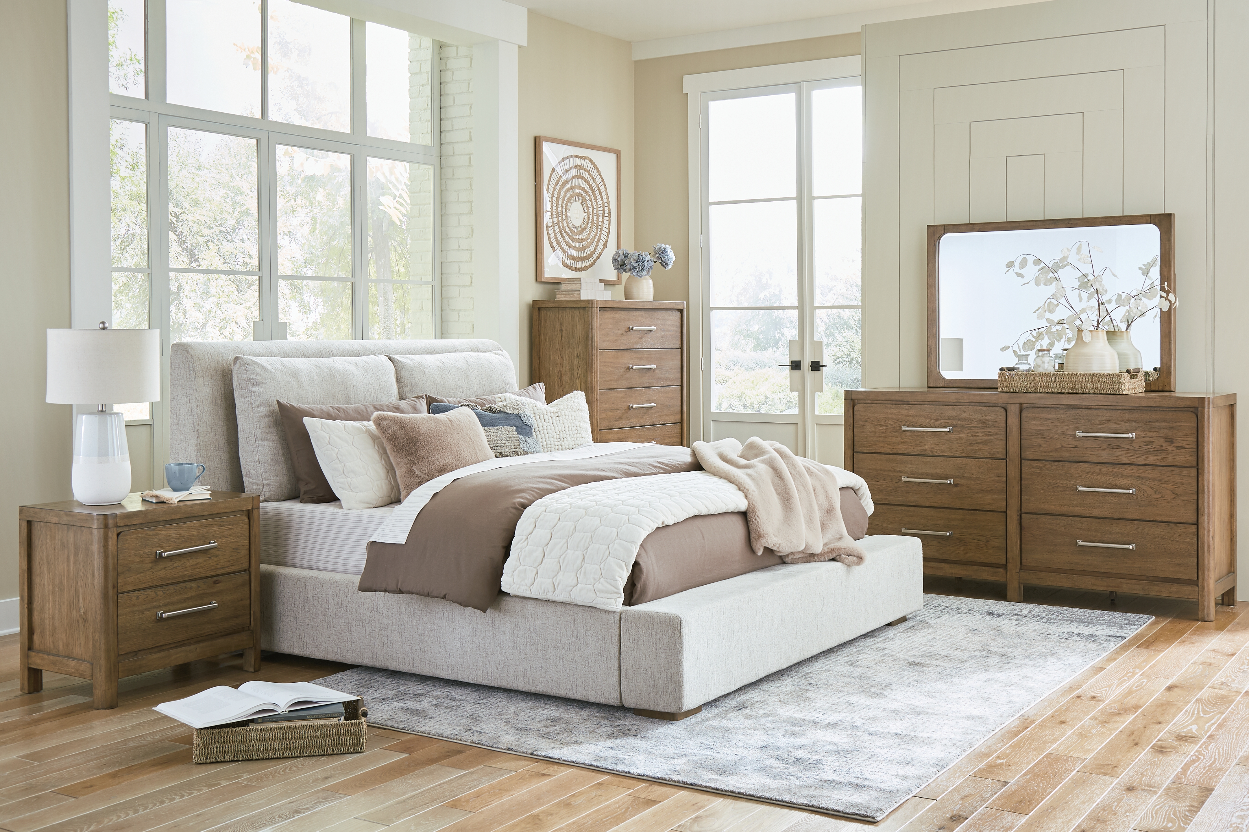 Cabalynn - 7 Pc. - Dresser, Mirror, Chest, King Upholstered Bed, 2 Nightstands - Light Brown